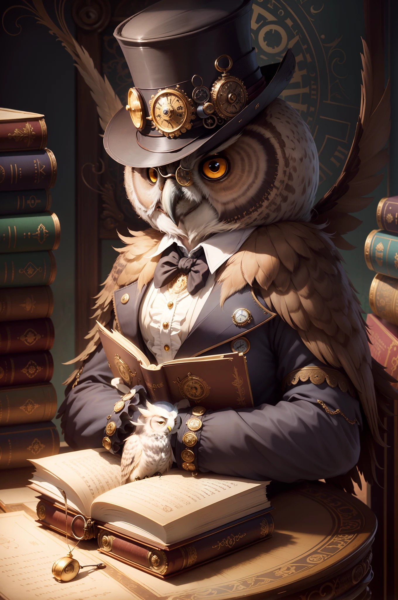 an owl in a top hat and glasses sitting on a stack of books, master owl, the professor, Shutterstock contest winner, librarian, the wisest of all owls, absolutely exceptional image, magical library, illustration!, steampunk fiction, steampunk! fiction, storybook realism, istock, steampunk themed images, storybook style, classroom background, scholarly