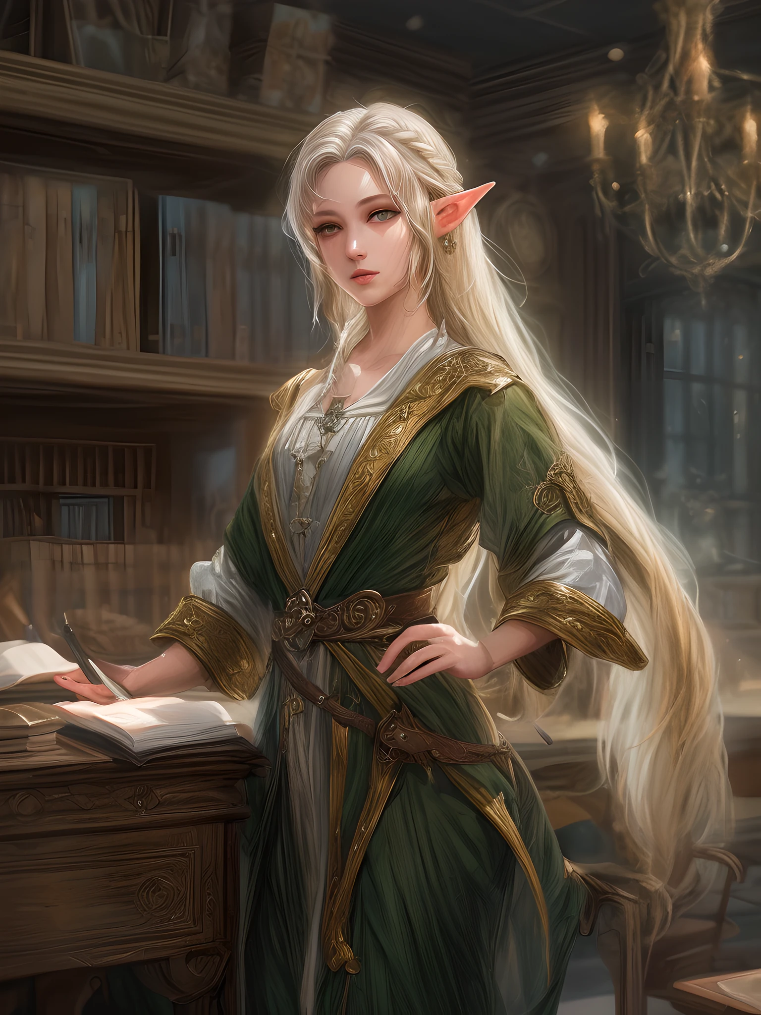 high details, best quality, 16k, [ultra detailed], masterpiece, best quality, (extremely detailed), ultra wide shot, photorealistic, a picture of an elf magical teacher (best details, Masterpiece, best quality: 1.5), teaching magical arts, manipulating magical runes Rune_Magic at fantasy classroom, a female elf, exquisite beauty (best details, Masterpiece, best quality: 1.5), ultra feminine (best details, Masterpiece, best quality: 1.5), full body (best details, Masterpiece, best quality: 1.5) golden hair, hair in a long braid, small pointed ears, dynamic eyes color, wearing a teachers robe, standing in the classroom (best details, Masterpiece, best quality: 1.5), fantasy class background, best realistic, best details, best quality, 16k, [ultra detailed], masterpiece, best quality, (extremely detailed), ultra wide shot, photorealism, room is lit with bright light, depth of field,