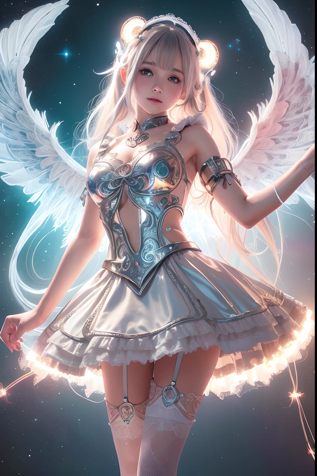Cyborg, Girl, Beautiful girl, Cute, Sexy, Strong, Slender, Delicate, Smile, (ta costume), High legs, Metallic, ultra color, paisley, Headgear, mandalas, Near future, Heaven, angel, feater, wing, Helix lamp