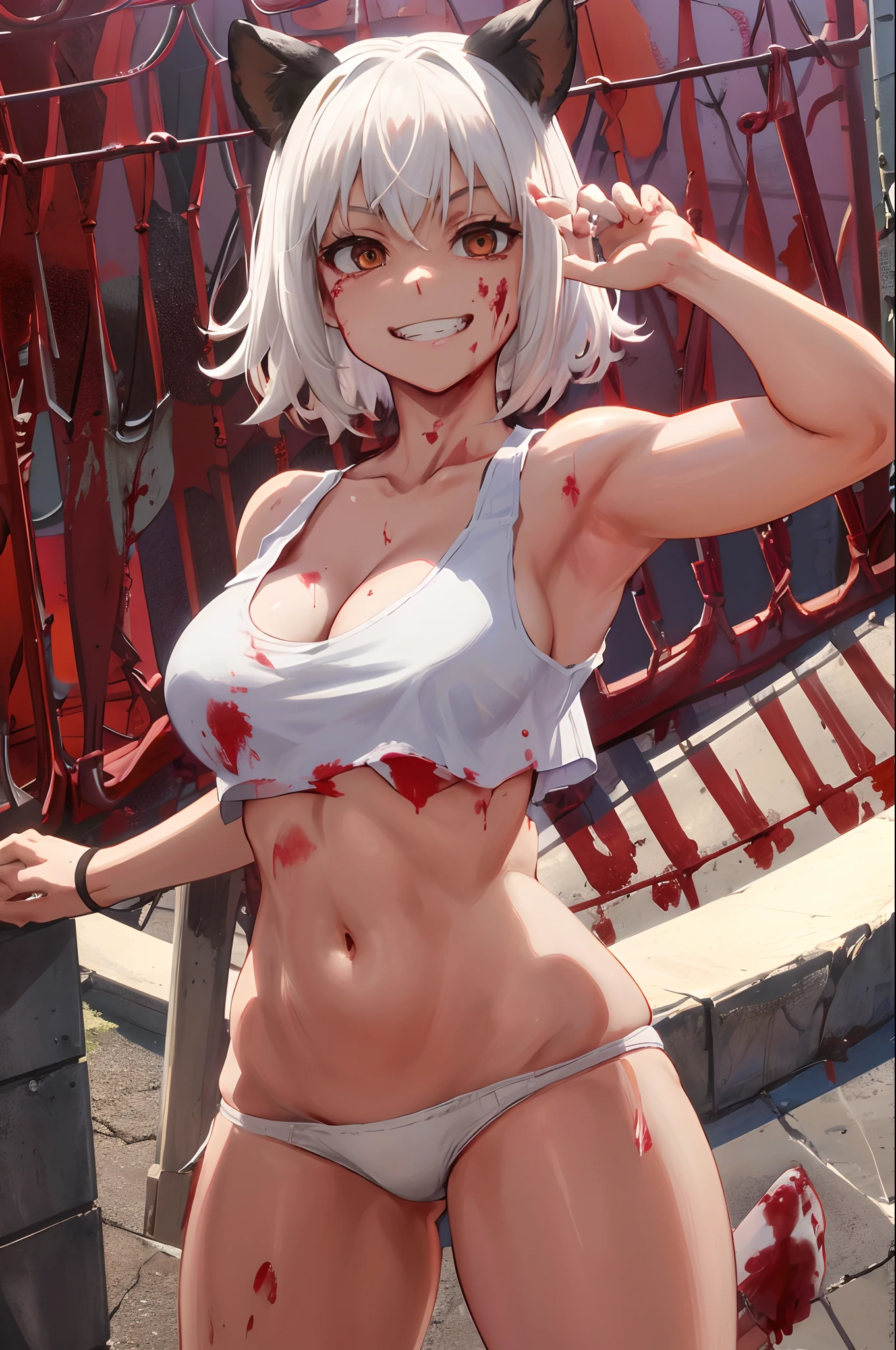 masterpiece, best quality, highres, 1girl, solo, animal ears, white hair, short hair, brown eyes, tail, medium breasts, navel, white panties, tank top, cleavage, upper body, standing, grin,  prison, ((blood on face)), blood on hand, murderer