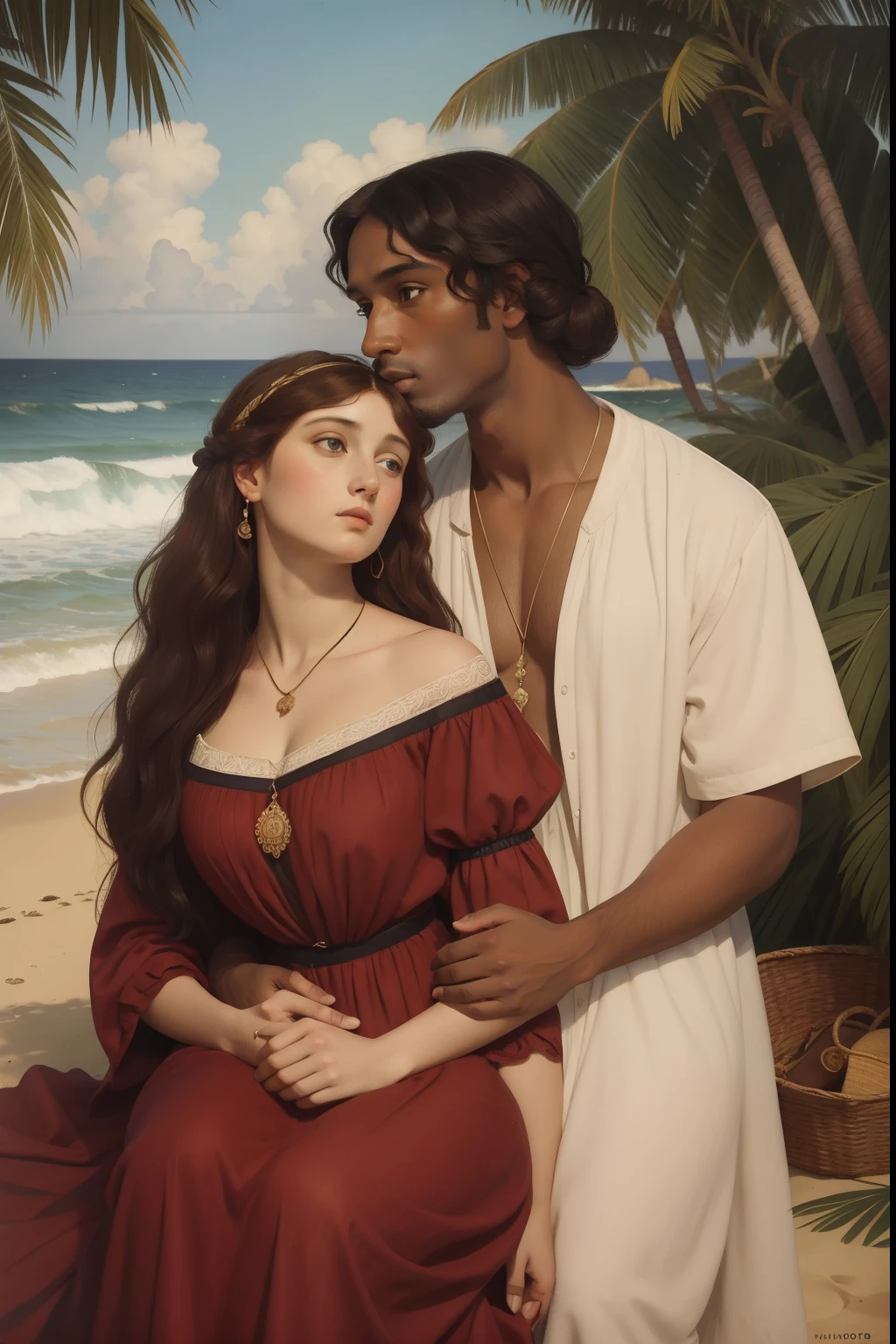 pre-raphaelite portrait of an interracial couple, looking into each other eyes on a beach, year 1893