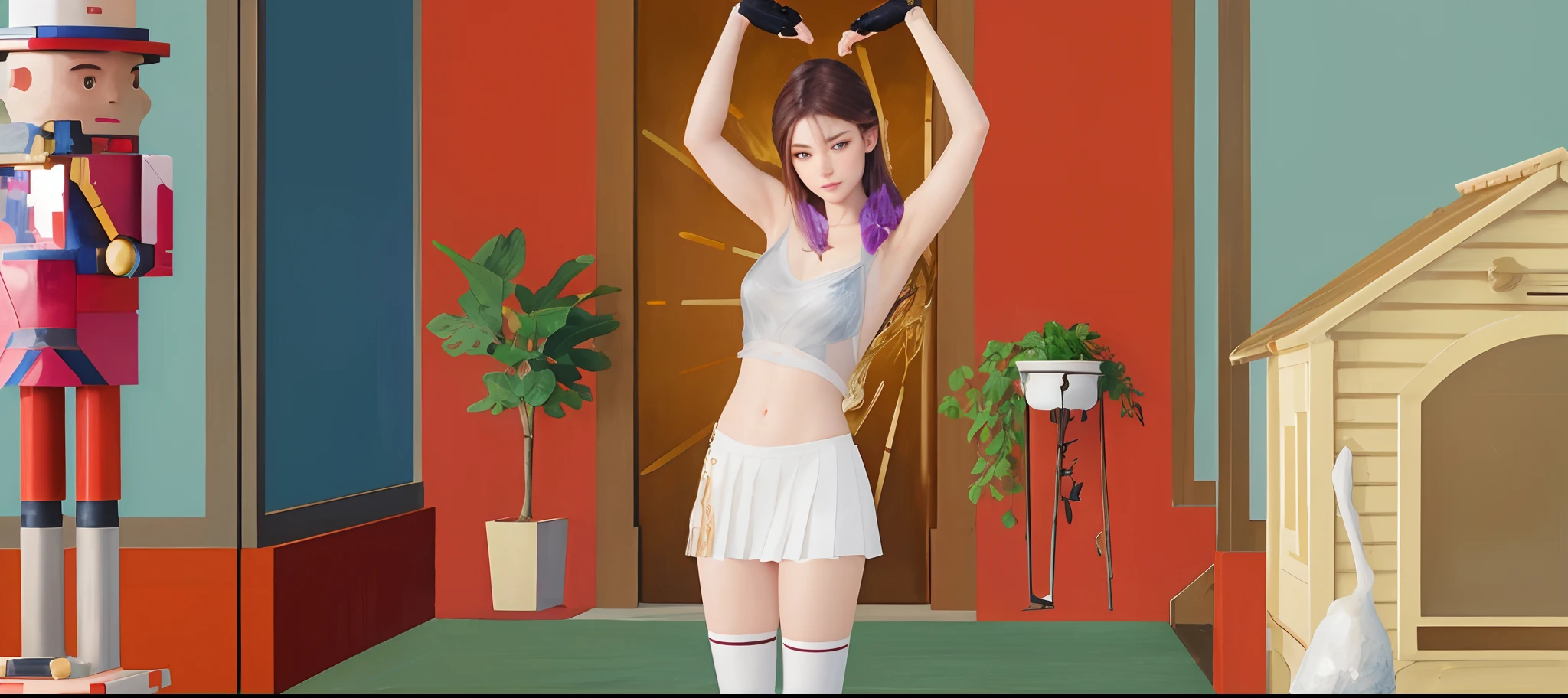 The girl stands with one foot on the floor, and the other leg she threw on the table and stands in a doggystyle pose