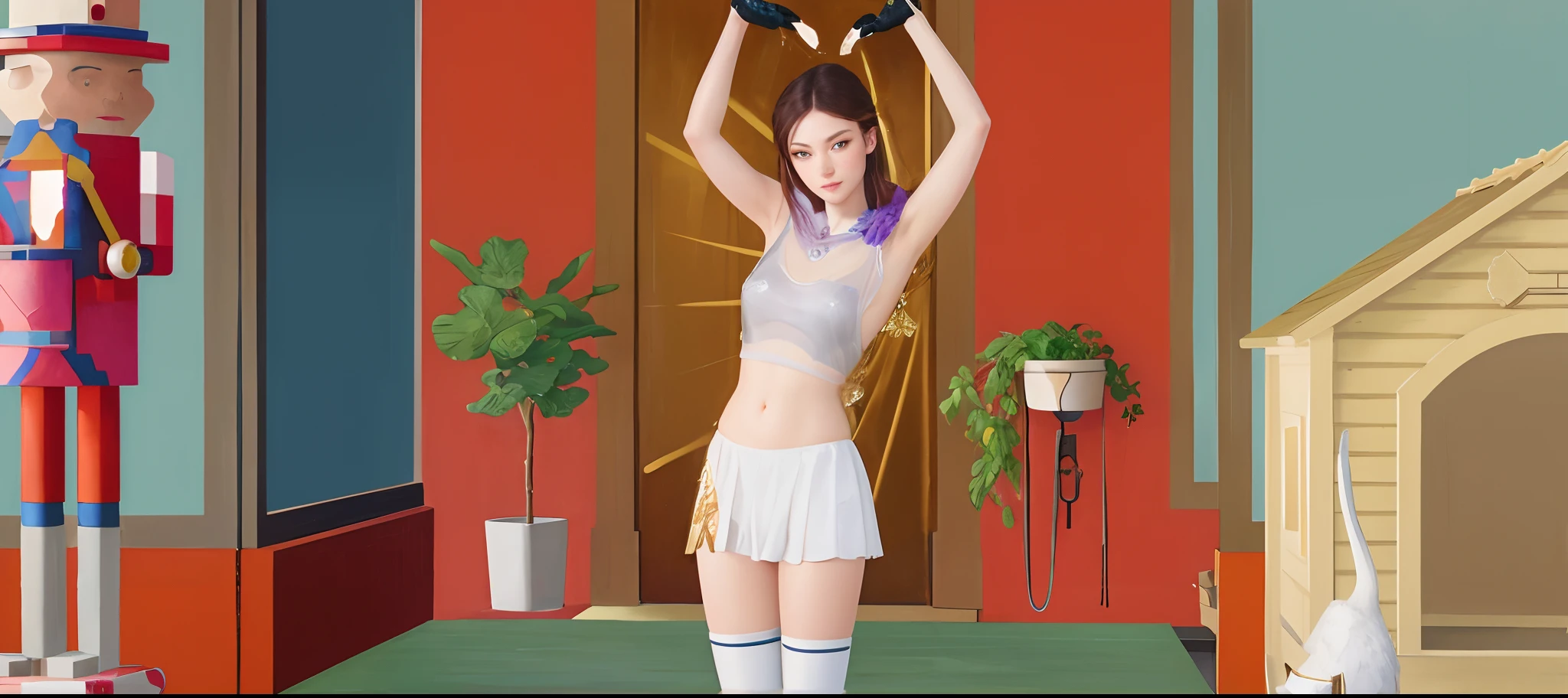 (Best quality details:1.2),(a detailed full body RAW photo of young girls), (sleeveless sweater, pink, white, horizontal striped :1.3), taking picture together, detailed eyes, mascara, pretty eyes and face, (white skin), jumping, sweaty, laughing in joy, running , active, lively, raised arms,realistic,8K UHD,High definition,Ultra Detailed,High quality texture,intricate details,detailed texture,finely detailed,high detail,extremely detailed cg,Detailed beautiful delicate face,Detailed beautiful delicate eyes,Depth of field,Ray tracing,(a beautiful 19 age years old sexy korean girl:1.1)