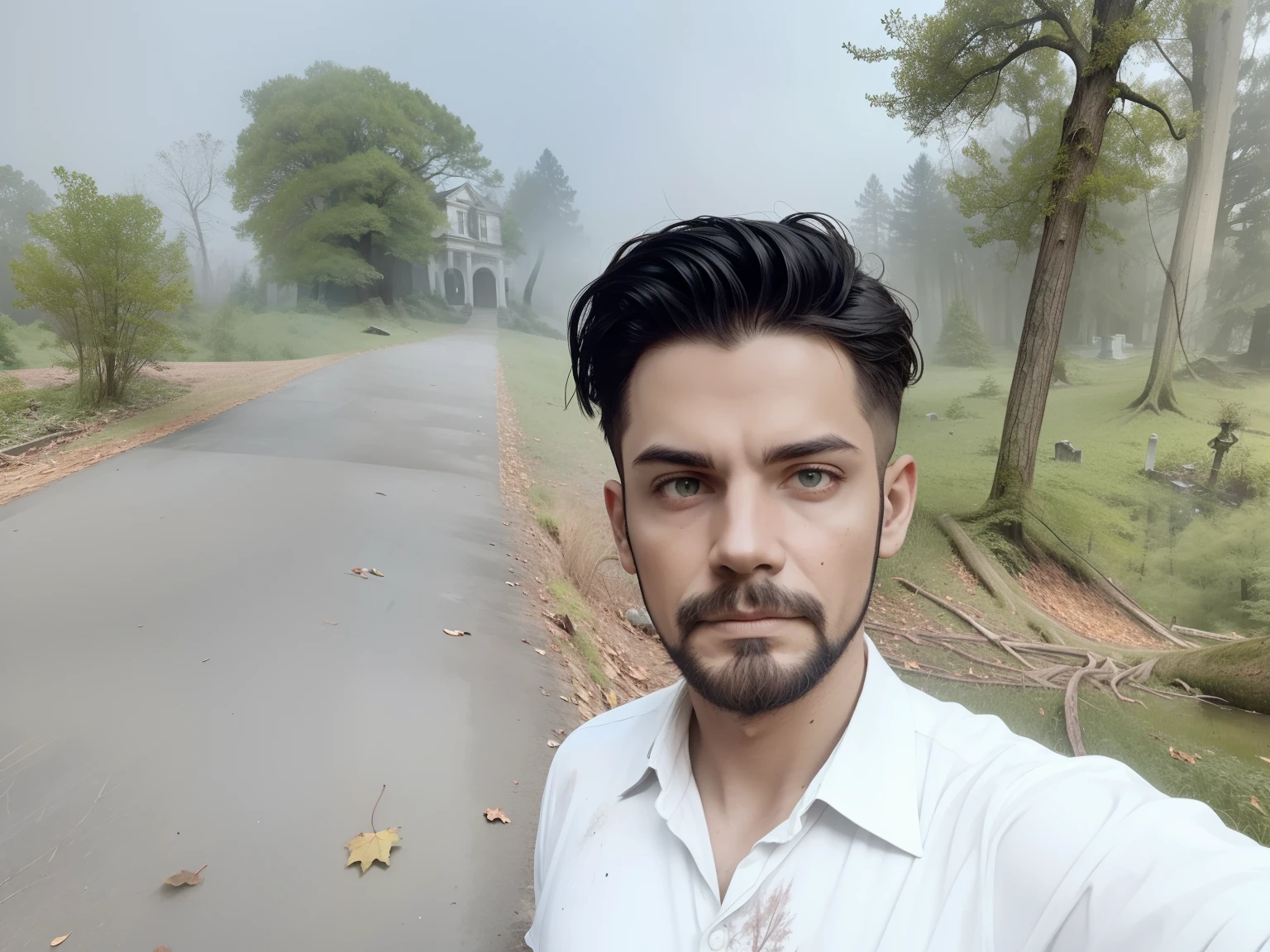 ((Abandoned haunted mansion)), on a hill surrounded by dark spooky dense forest, many gnarled dead trees grass and bushes, forest debris and leaf litter, eerie mist, winding path near a pond, one grave headstone in foreground