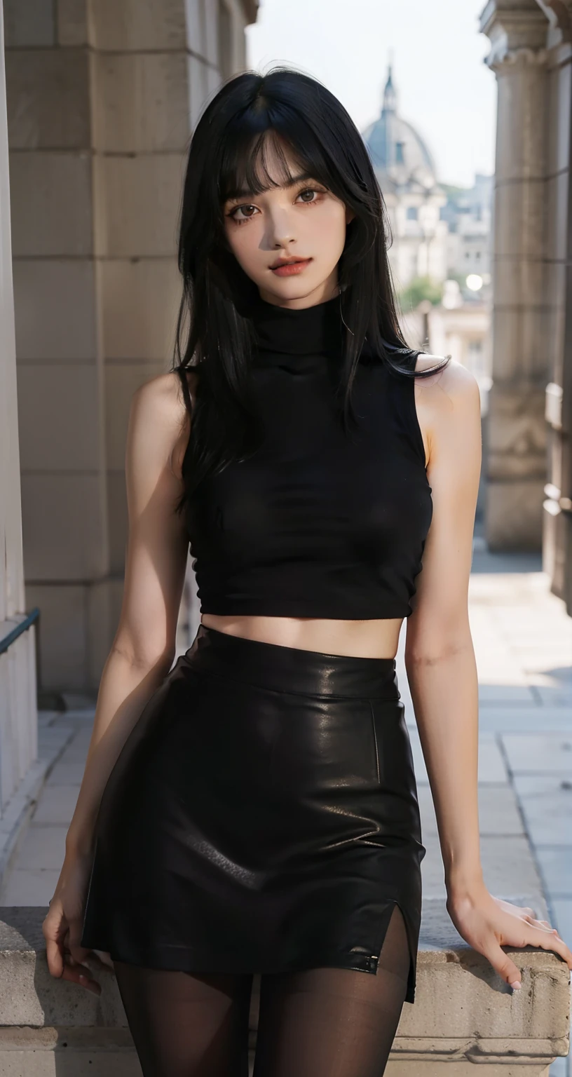 limited palette), best quality, (((masterpiece))), (((beautiful detailed skin))), solo, girl, (((black hair))), (red eyes), (mascara), blunt bangs, long hair, (medium breasts), noble, loyal, (((eye focus))), blurry background, serious eyes, palace balcony background, (((looking at viewer))), (((night))), upright body, (((head straight))), standing straight, standing with good posture and a direct look at the viewers, (Middle side), (hair black), (((Blunt bangs))), ((Black hair)), Front body Posture, (((Front of body))), (((Good Posture Front Body))), ((Black A-line skirt)), ((Pantyhose stocking)), (((Middle front body))), view pantyhose stocking, straight view, (((Black A-line skirt:1.1))), froward body, (((Straight posture:1.1))), (((Middle position:1.1))), The ends of the hair are neatly cut, ((sleeveless t-shirts)), ((plain black t shirt)), (tent black skirt), (Turtleneck), ((Middle standing:1.1)), (Wolf cut hair women),