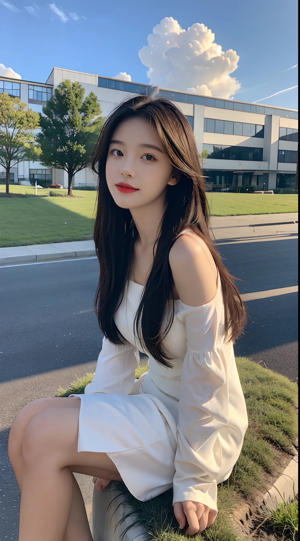 ((Best Quality, 8K, Masterpiece:1.3)), A beautiful girl, pure, melon face, gentle and cute, sweet smile, pure desire, thin figure, (frontal), (tilted head), looking directly at the camera, uniform, obi, formal, black silky long straight hair, long hair flowing over the shoulders, round black big eyes, clear big eyes, moist red lips, sweet, sitting on the side of the road, blue sky and white clouds, grass, buildings,