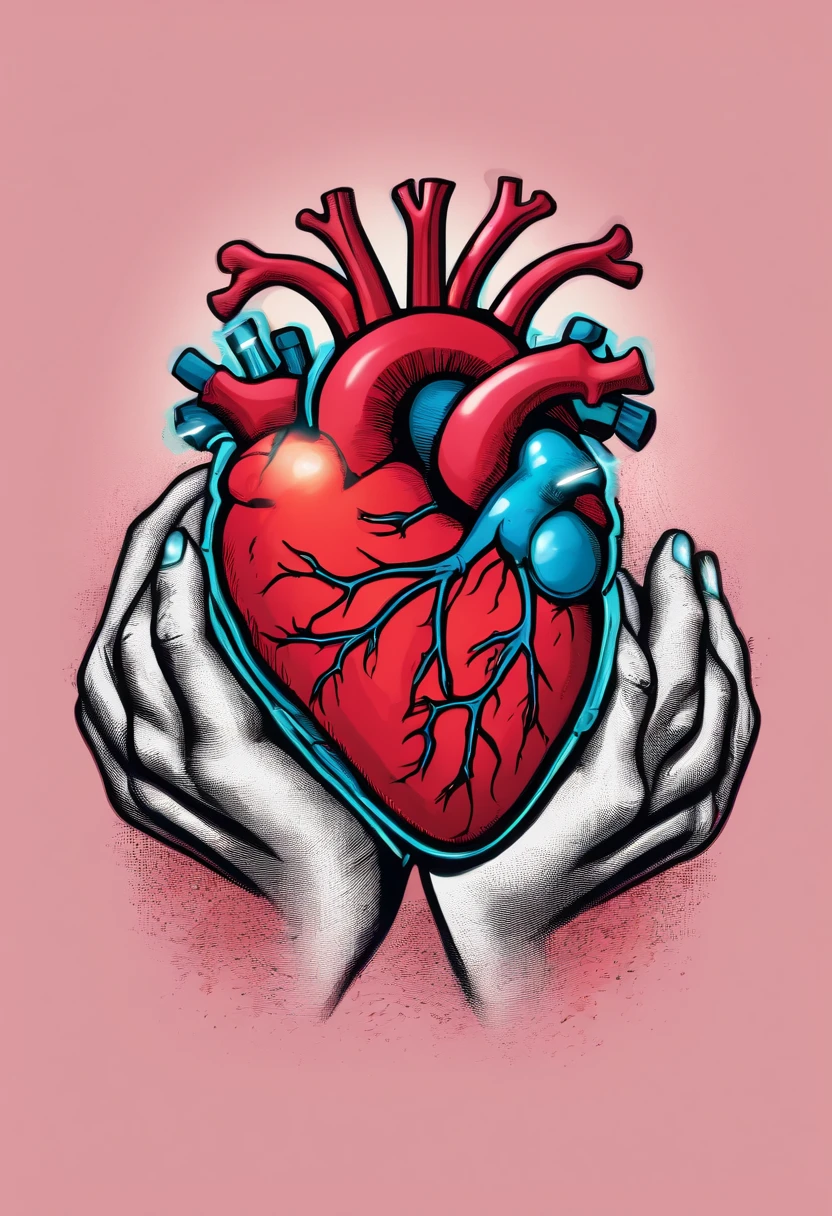 big hand squeezing anatomical heart surrounded by neon lightning