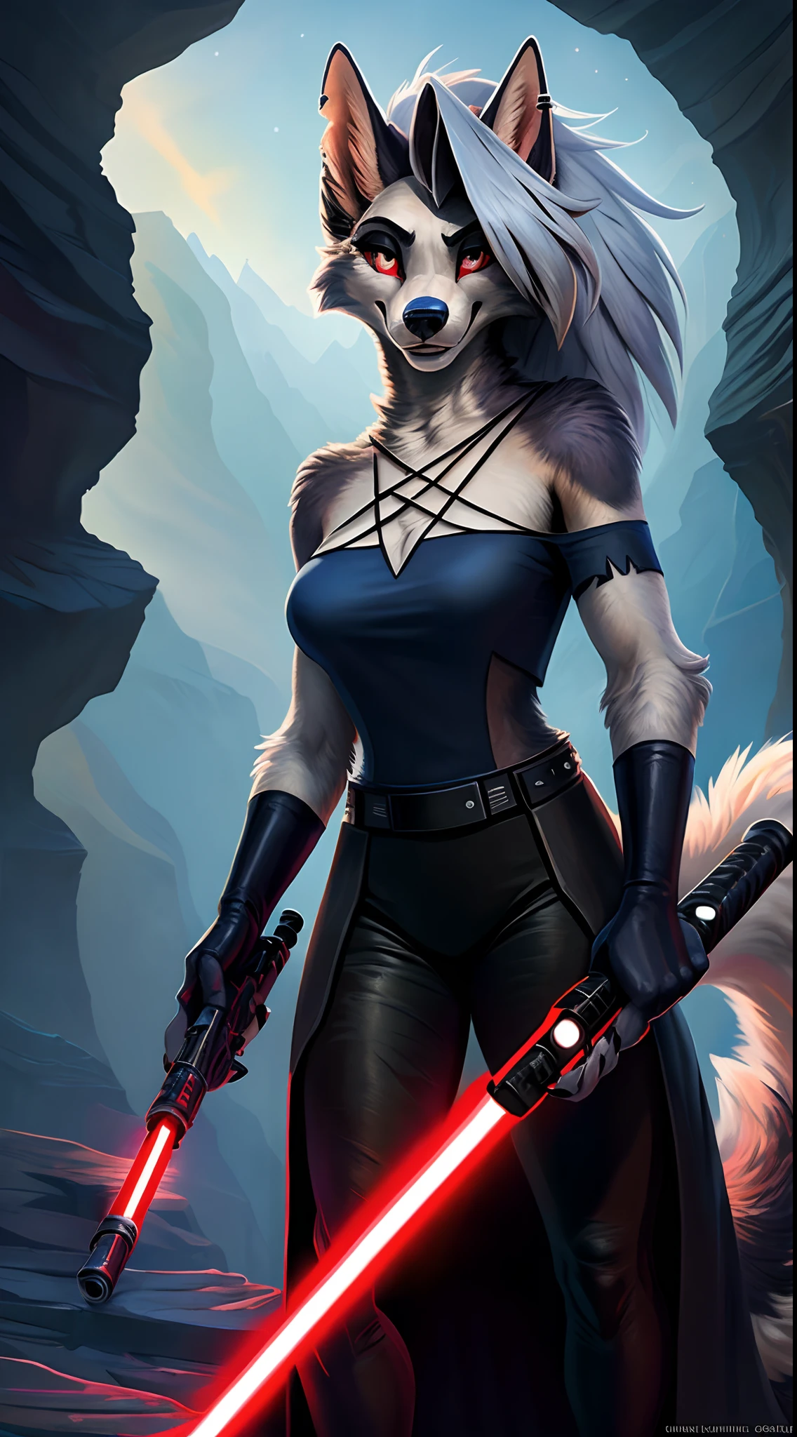 uploaded to e621, raw photo, realistic, anthro, detailed face, detailed fur, high resolution, beautiful and detailed portrait of Helluva Boss, Loona Hellhound, Loona, kenket, Ross Tran,ruan jia, zaush, foxovh, cenematic lighting, small breast, whole body, beautiful, Darth Vader outfit, Star Wars, holding a red lightsaber, confident smiling face, solo, 1girl, dark canyon, canyon, at night