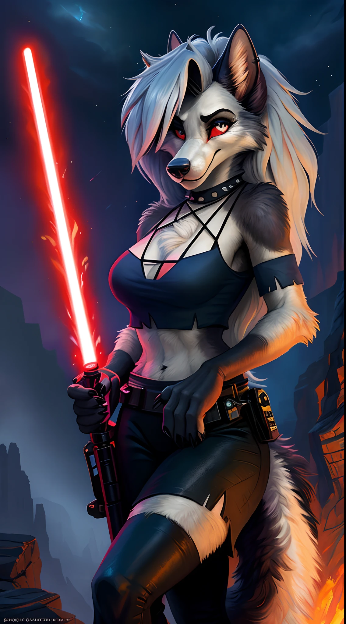 uploaded to e621, raw photo, realistic, anthro, detailed face, detailed fur, high resolution, beautiful and detailed portrait of Helluva Boss, Loona Hellhound, Loona, kenket, Ross Tran,ruan jia, zaush, foxovh, cenematic lighting, small breast, whole body, beautiful, Darth Vader outfit, Star Wars, holding a red lightsaber, confident smiling face, solo, 1girl, dark canyon, canyon, at night