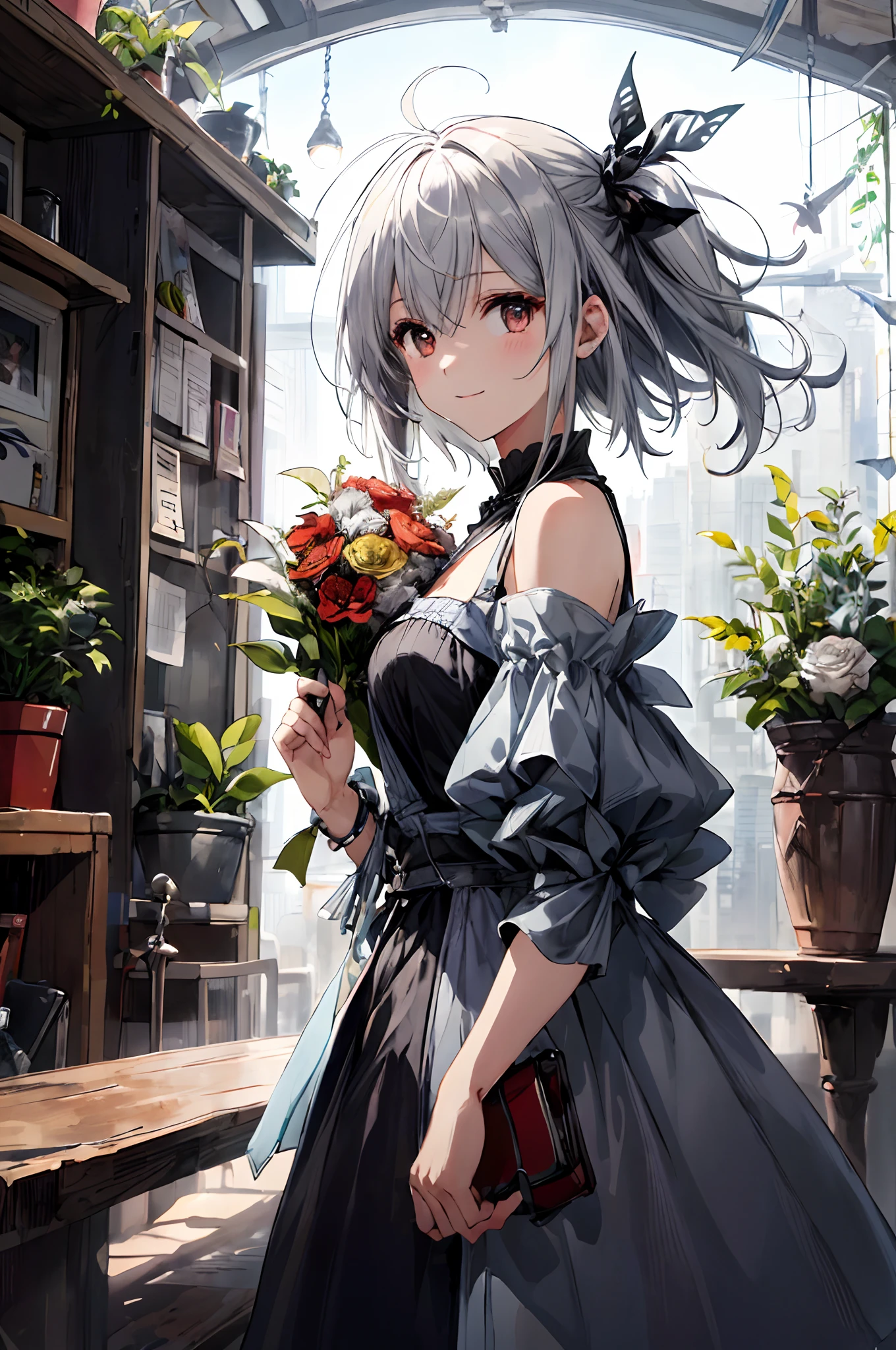 (tmasterpiece、top-quality、illustratio、Extremely high quality、high-level image quality、Extremely sensitive writing)White-haired girl standing in beautiful garden、A slight smile、She has a large bouquet、Cute national costume style dress，There are ruffles on the shoulders、Hair fluttering in the wind