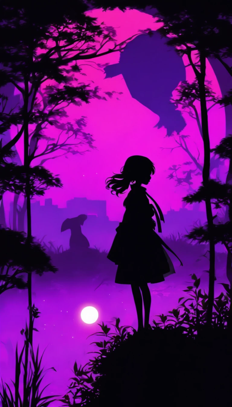(Silhouette Art,cutouts:1.6)
(((Paper cutting art,A world where only black exists:1.3)
(Cowboy Shot),1 girl,Solo,
(Kimono Girl,profile:1.2),white, Clear and beautiful face,Black cat at feet、Full Moon Behind
break
(morning glow、purpleish color green grass:6.1)
Textured glass background,