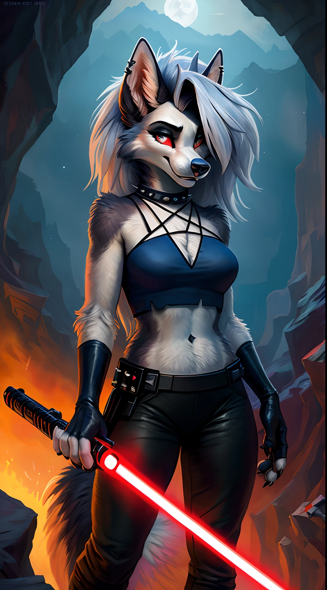 uploaded to e621, raw photo, realistic, anthro, detailed face, detailed fur, high resolution, beautiful and detailed portrait of Helluva Boss, Loona Hellhound, Loona, kenket, Ross Tran,ruan jia, zaush, foxovh, cenematic lighting, small breast, whole body, beautiful, Darth Vader outfit, Star Wars, holding a red lightsaber, confident smiling face, solo, 1girl, dark canyon, canyon, at night