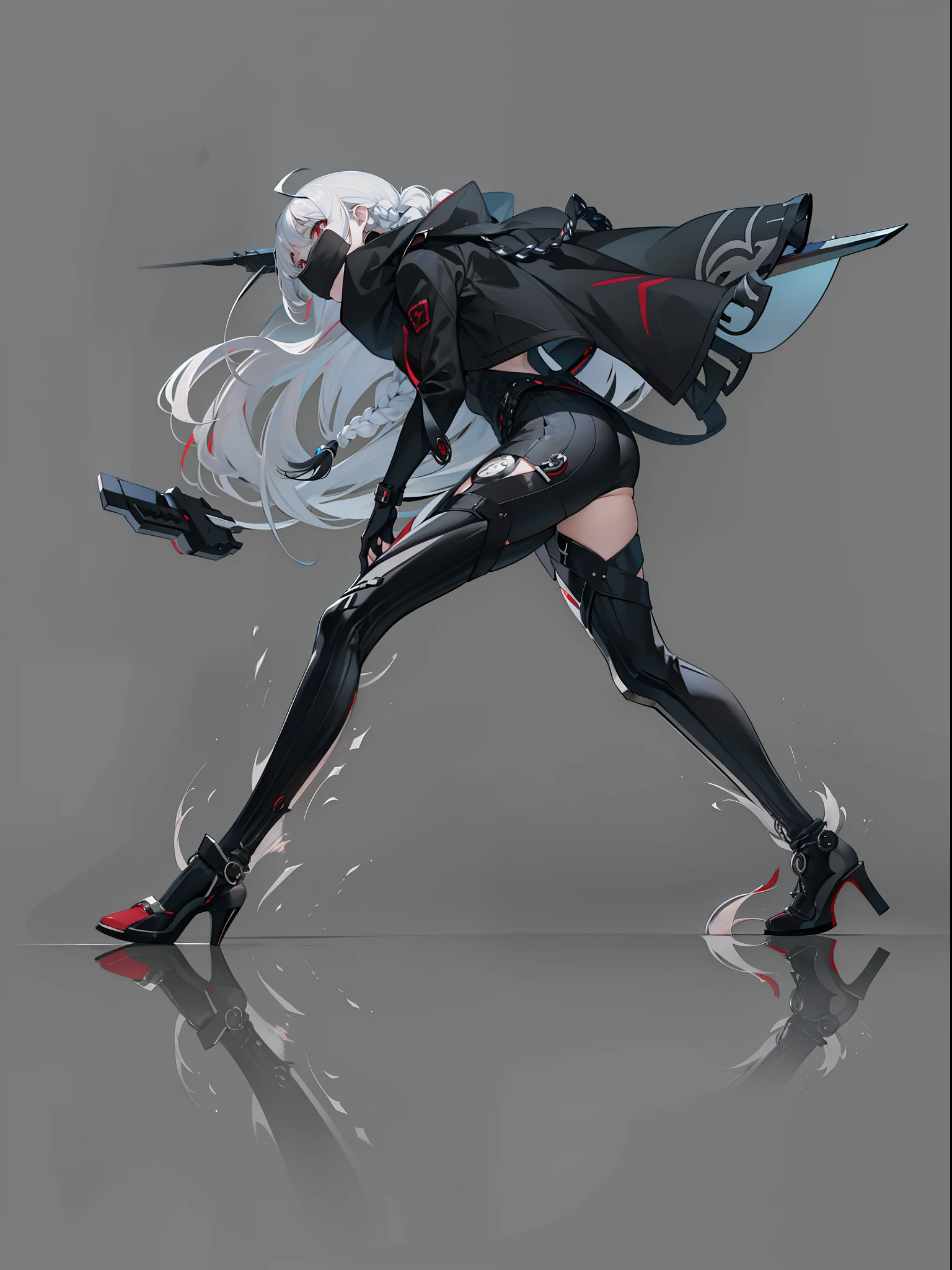 masterpiece,(bestquality),highlydetailed,ultra-detailed,1girl,bishoujo,stare,red eyes,beautiful detailed eyes,long hair,white hair,silver_hair,Wing-like bangs,Dull hair,ahoge,Hair rings,braid,cold,grey background,high heels,solo,trembling,weapon