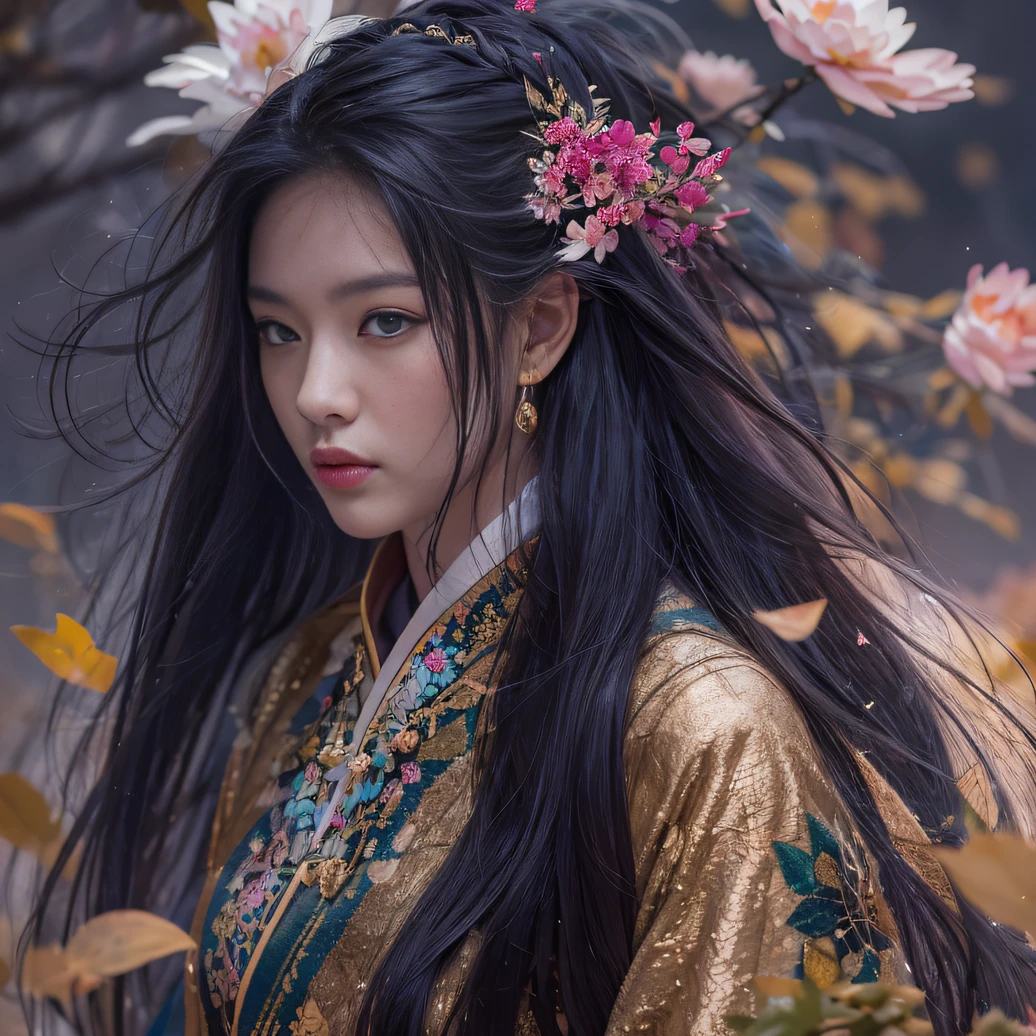 32K(tmasterpiece,k hd,hyper HD,32K)Long flowing black hair,ponds,zydink, a color, Tongzhou people (Spirit Girl), (Red scarf), Combat posture, looking at the ground, long whitr hair, Floating hair, Carp pattern headdress, Chinese long-sleeved clothing, (abstract ink splash:1.2), Pink petal background,Pink and white lotus flowers fly(realisticlying:1.4),Black color hair,Fallen leaves flutter,The background is pure, A high resolution, the detail, RAW photogr, Sharp Re, Nikon D850 Film Stock Photo by Jefferies Lee 4 Kodak Portra 400 Camera F1.6 shots, Rich colors, ultra-realistic vivid textures, Dramatic lighting, Unreal Engine Art Station Trend, cinestir 800,Long flowing black hair,Denim skirt