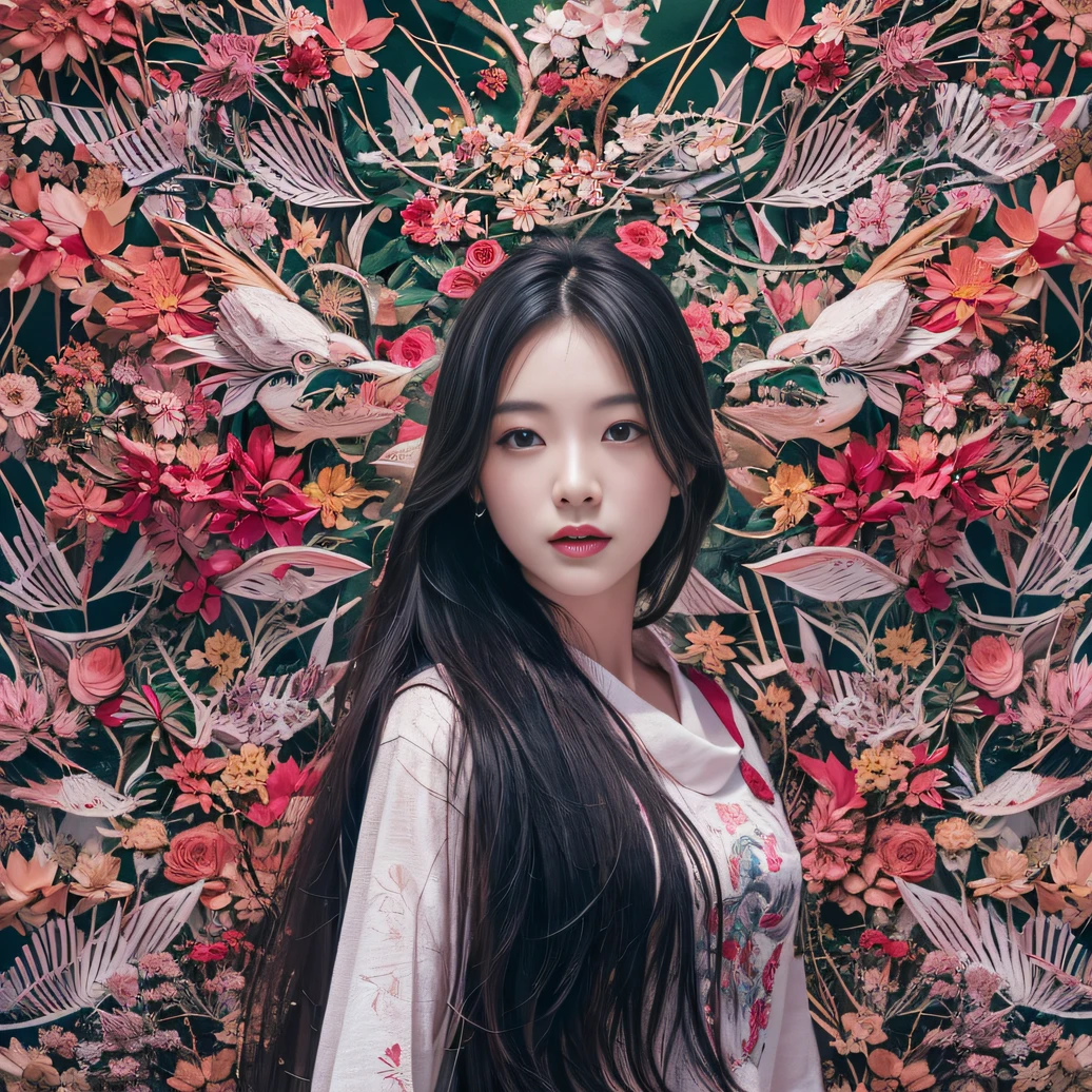 32K(tmasterpiece,k hd,hyper HD,32K)Long flowing black hair,ponds,zydink, a color, Tongzhou people (Spirit Girl), (Red silk scarf), Combat posture, looking at the ground, long whitr hair, Floating hair, Carp pattern headdress, Chinese long-sleeved clothing, (Abstract ink splash:1.2), Pink petal background,Pink and white lotus flowers fly(realisticlying:1.4),Black color hair,Fallen leaves flutter,The background is pure, A high resolution, the detail, RAW photogr, Sharp Re, Nikon D850 Film Stock Photo by Jefferies Lee 4 Kodak Portra 400 Camera F1.6 shots, Rich colors, ultra-realistic vivid textures, Dramatic lighting, Unreal Engine Art Station Trend, cinestir 800,Long flowing black hair,Denim skirt