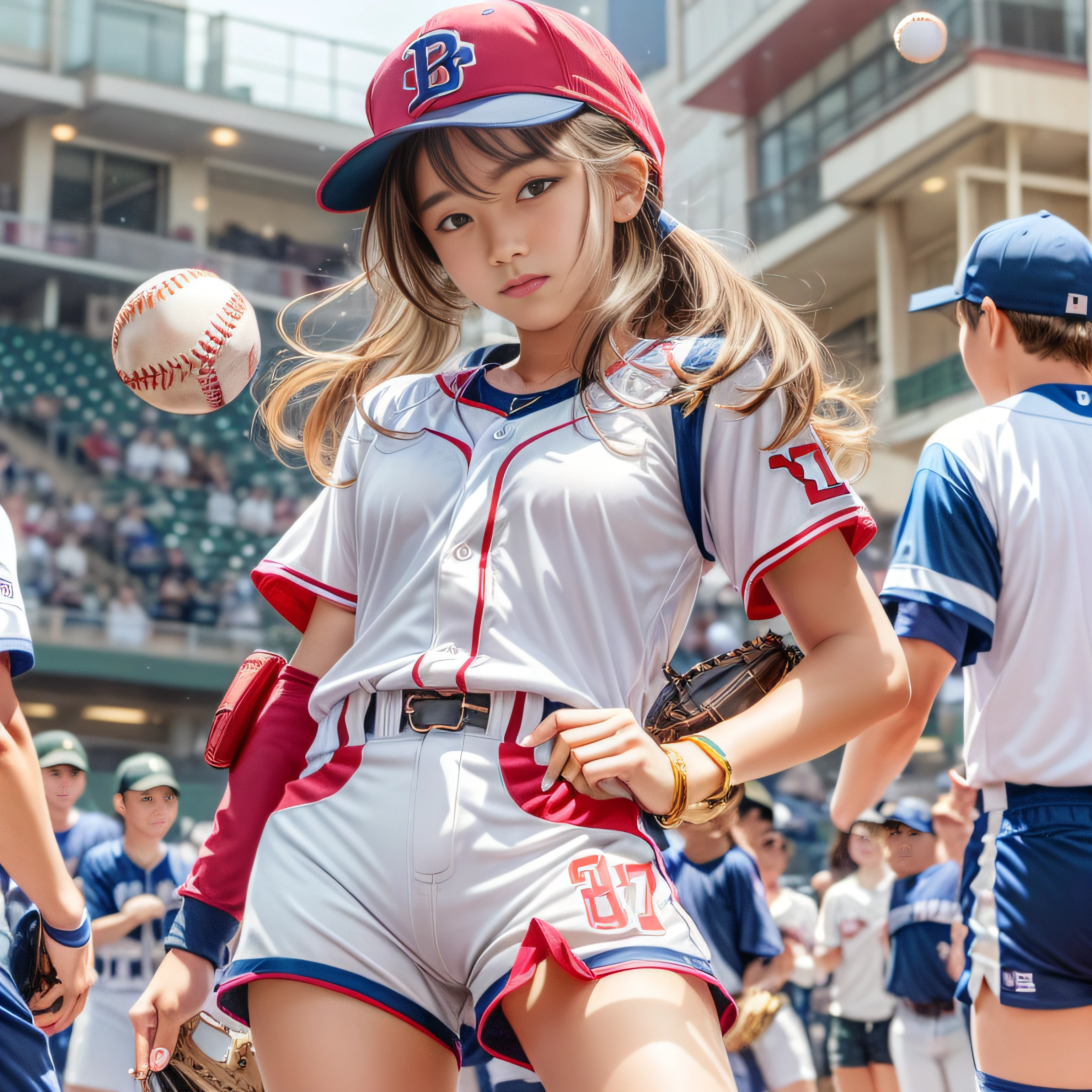 RAW image quality、8K分辨率、Detailed CG image quality、(hight resolution, Best Quality, masutepiece:1.4), (15-year-old girl :1.3), Sparkly skin, narrow hips, Large pectoral teeth on the skin, (Woman in baseball cap:1.3), Baseball Uniforms, Short shorts, Sweating Lots, (About Tasium in Baseball:1.2), (Her panties are visible under her shorts:1.2), taut clothes, Pubic hair, Angry look, Blushing, Beautiful background, (Only 1 ball:1.4), (Baseball with a diameter of 73 mm:1.4)