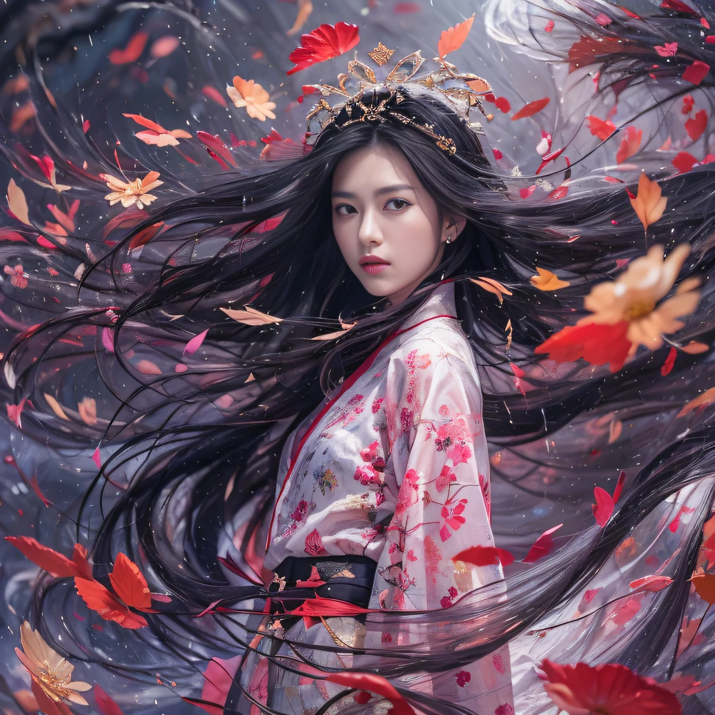32K(tmasterpiece,k hd,hyper HD,32K)Long flowing black hair,ponds,zydink, a color, Tongzhou people (Spirit Girl), (Red silk scarf), Combat posture, looking at the ground, long whitr hair, Floating hair, Carp pattern headdress, Chinese long-sleeved clothing, (Abstract ink splash:1.2), Pink petal background,Pink and white lotus flowers fly(realisticlying:1.4),Black color hair,Fallen leaves flutter,The background is pure, A high resolution, the detail, RAW photogr, Sharp Re, Nikon D850 Film Stock Photo by Jefferies Lee 4 Kodak Portra 400 Camera F1.6 shots, Rich colors, ultra-realistic vivid textures, Dramatic lighting, Unreal Engine Art Station Trend, cinestir 800,Long flowing black hair,Denim skirt