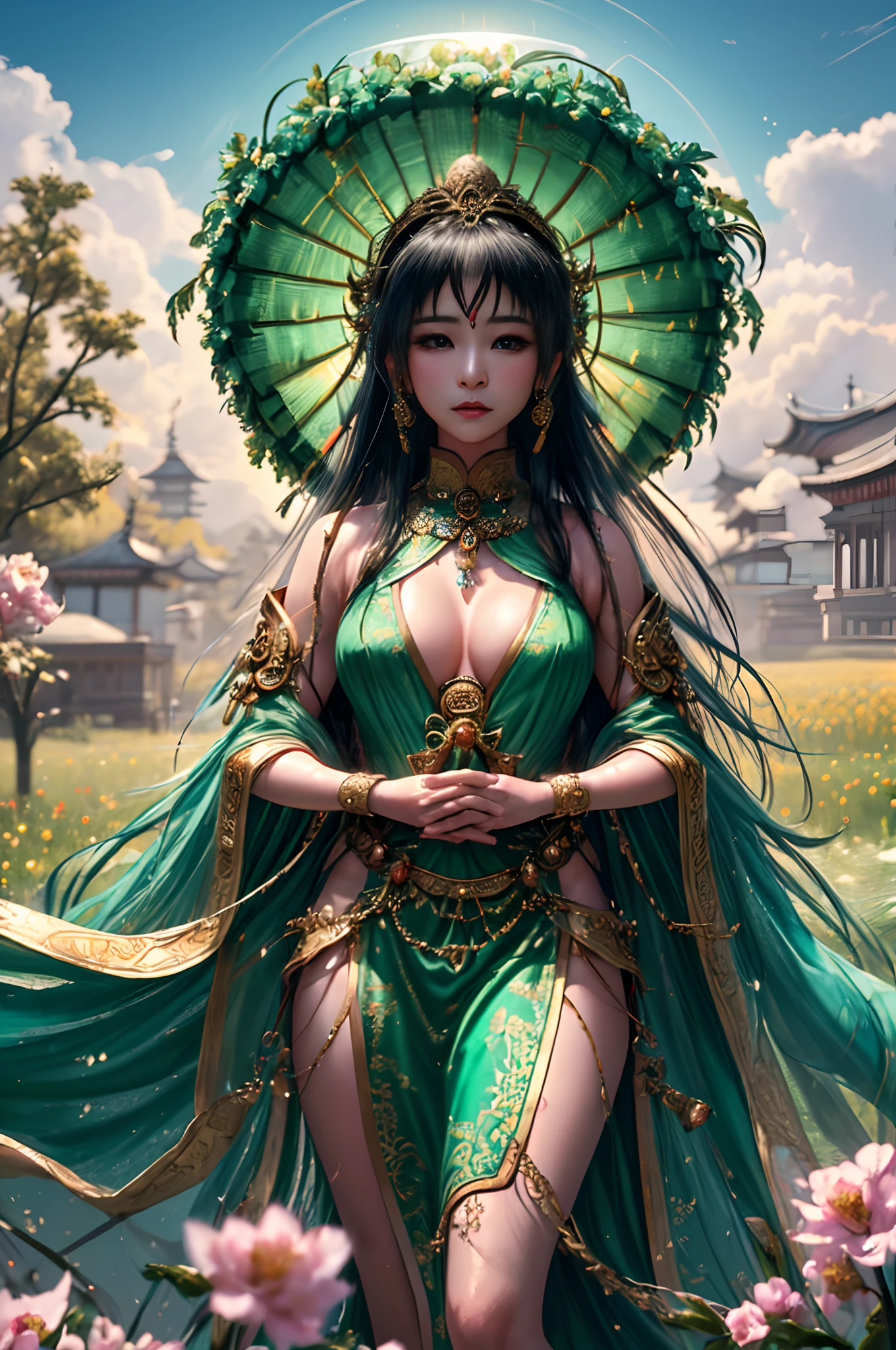 insanely detailed and intricat, Hyper maximalist, Hyper realistic, Volumetric, Photorealistic, ultra photoreal, Ultra-detailed, Intricate details, 8K, super detailed, Correct anatomy、(Pictures of Goddess Kannon:1.4), (Stand in the vastness, Lush open field:1.2), (Goddess Kannon with a calm and caring expression:1.1), (Her majestic and graceful presence radiating tranquility and wisdom:1.1), (Capture intricate details of her attire and features:1.2), (Her eyes shining with compassion and love:1.1), (Her hands clasped in a gesture of blessing and protection:1.1), (Surrounded by blooming flowers and a breeze:1.1), (The soft, An ethereal glow enveloping her divine form:1.1), (A green field symbolizing rebirth and growth:1.1), (A sense of peace and harmony in open spaces:1.1), (Photographs that capture the essence of the existence of God in Guanyin Bodhisattva:1.1), (A moment frozen in time, Capture the awe and awe inspired by the goddess:1.1), (An image that exudes the beauty and divinity of Guanyin in a quiet environment of a green field:1.1), ....CGI, VFX, tokusatsu,
(Sony Alpha 1 Camera), (Paired with Sony FE 24-70mm f/2.8 GM lenses for versatile and sharp shots:1.2),