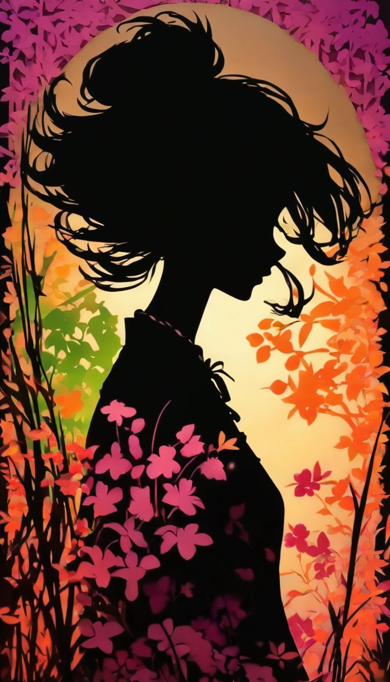 (Silhouette Art,cutouts:1.6)
(((Paper cutting art,A world where only black exists:1.3)

(Cowboy Shot),1 girl,Solo,
(Kimono Girl,profile:1.2),white, Clear and beautiful face,Sunrise behind

break
(morning glow、purpleish color　Green grass:6.1)
Textured glass background,