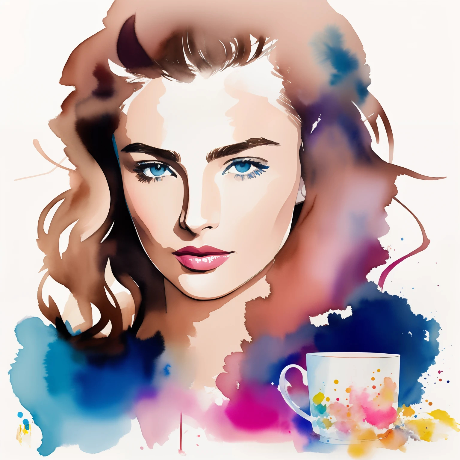 David downton fashion illustration, woman light brown thin hair blonde bob, fluffy cornflower color sweater, andreea diaconu, cute face, blue eyes, pink lipstick, work laptop, cup g, home studio in paris, watercolor art