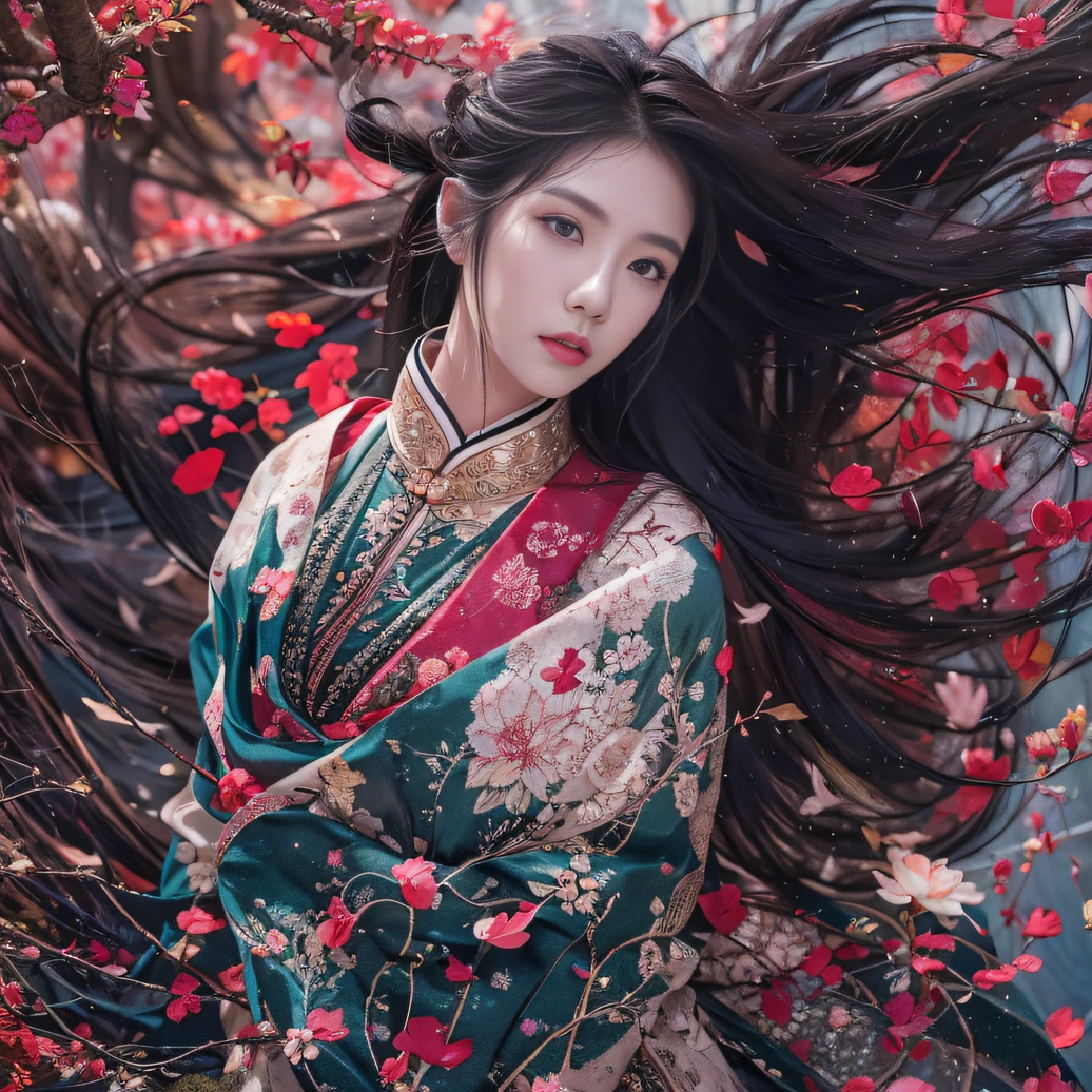 32K（tmasterpiece，k hd，hyper HD，32K）Long flowing black hair，ponds，zydink， a color， Tongzhou people （Spirit Girl）， （Red silk scarf）， Combat posture， looking at the ground， long whitr hair， Floating hair， Carp pattern headdress， Chinese long-sleeved clothing， （Abstract ink splash：1.2）， Pink petal background，Pink and white lotus flowers fly（realisticlying：1.4），Black color hair，Fallen leaves flutter，The background is pure， A high resolution， the detail， RAW photogr， Sharp Re， Nikon D850 Film Stock Photo by Jefferies Lee 4 Kodak Portra 400 Camera F1.6 shots, Rich colors, ultra-realistic vivid textures, Dramatic lighting, Unreal Engine Art Station Trend, cinestir 800，Long flowing black hair，Denim skirt