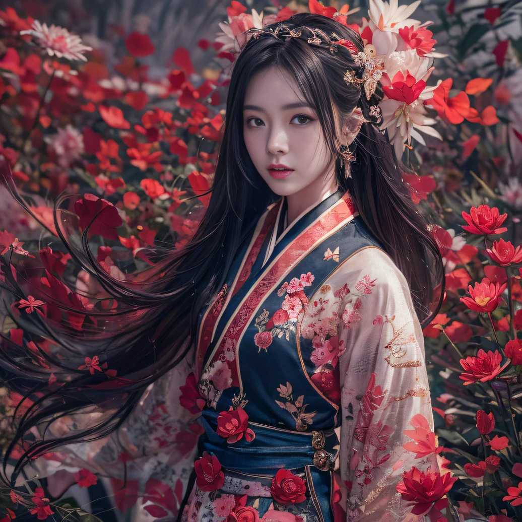 32K（tmasterpiece，k hd，hyper HD，32K）Long flowing black hair，ponds，zydink， a color， Tongzhou people （Spirit Girl）， （Red silk scarf）， Combat posture， looking at the ground， long whitr hair， Floating hair， Carp pattern headdress， Chinese long-sleeved clothing， （Abstract ink splash：1.2）， Pink petal background，Pink and white lotus flowers fly（realisticlying：1.4），Black color hair，Fallen leaves flutter，The background is pure， A high resolution， the detail， RAW photogr， Sharp Re， Nikon D850 Film Stock Photo by Jefferies Lee 4 Kodak Portra 400 Camera F1.6 shots, Rich colors, ultra-realistic vivid textures, Dramatic lighting, Unreal Engine Art Station Trend, cinestir 800，Long flowing black hair，Denim skirt