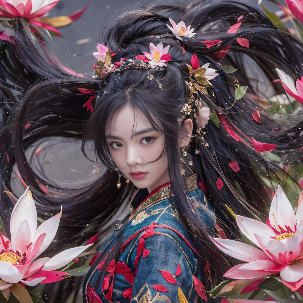 32K（tmasterpiece，k hd，hyper HD，32K）Long flowing black hair，ponds，zydink， a color， Tongzhou people （Spirit Girl）， （Red silk scarf）， Combat posture， looking at the ground， long whitr hair， Floating hair， Carp pattern headdress， Chinese long-sleeved clothing， （Abstract ink splash：1.2）， Pink petal background，Pink and white lotus flowers fly（realisticlying：1.4），Black color hair，Fallen leaves flutter，The background is pure， A high resolution， the detail， RAW photogr， Sharp Re， Nikon D850 Film Stock Photo by Jefferies Lee 4 Kodak Portra 400 Camera F1.6 shots, Rich colors, ultra-realistic vivid textures, Dramatic lighting, Unreal Engine Art Station Trend, cinestir 800，Long flowing black hair，Denim skirt