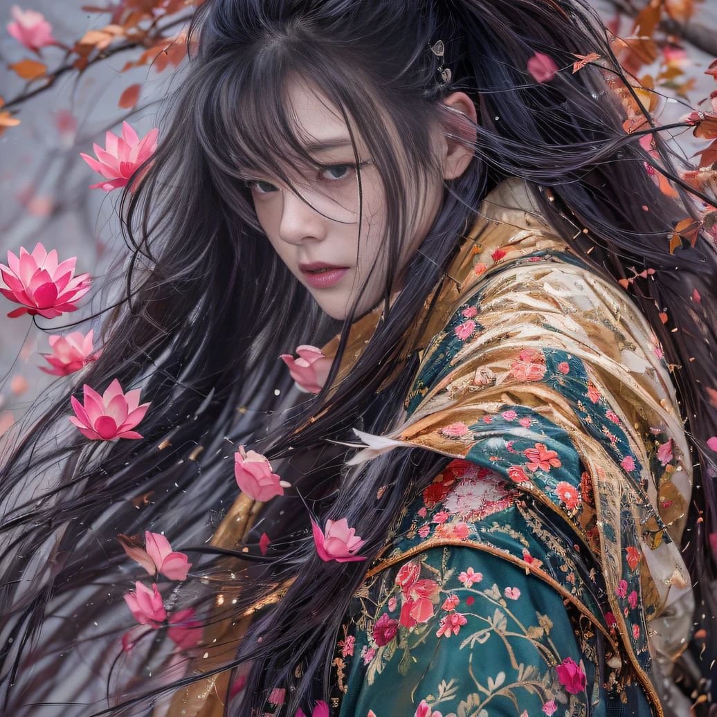 32K（tmasterpiece，k hd，hyper HD，32K）Long flowing black hair，ponds，zydink， a color， Tongzhou people （Spirit Girl）， （Red silk scarf）， Combat posture， looking at the ground， long whitr hair， Floating hair， Carp pattern headdress， Chinese long-sleeved clothing， （Abstract ink splash：1.2）， Pink petal background，Pink and white lotus flowers fly（realisticlying：1.4），Black color hair，Fallen leaves flutter，The background is pure， A high resolution， the detail， RAW photogr， Sharp Re， Nikon D850 Film Stock Photo by Jefferies Lee 4 Kodak Portra 400 Camera F1.6 shots, Rich colors, ultra-realistic vivid textures, Dramatic lighting, Unreal Engine Art Station Trend, cinestir 800，Long flowing black hair，Denim skirt