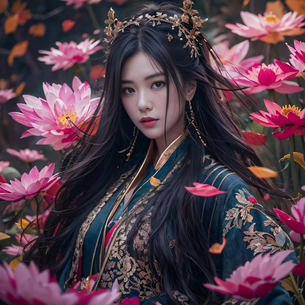 32K(tmasterpiece,k hd,hyper HD,32K)Long flowing black hair,ponds,zydink, a color, Tongzhou people (Spirit Girl), (Red silk scarf), Combat posture, looking at the ground, long whitr hair, Floating hair, Carp pattern headdress, Chinese long-sleeved clothing, (Abstract ink splash:1.2), Pink petal background,Pink and white lotus flowers fly(realisticlying:1.4),Black color hair,Fallen leaves flutter,The background is pure, A high resolution, the detail, RAW photogr, Sharp Re, Nikon D850 Film Stock Photo by Jefferies Lee 4 Kodak Portra 400 Camera F1.6 shots, Rich colors, ultra-realistic vivid textures, Dramatic lighting, Unreal Engine Art Station Trend, cinestir 800,Long flowing black hair,Denim skirt