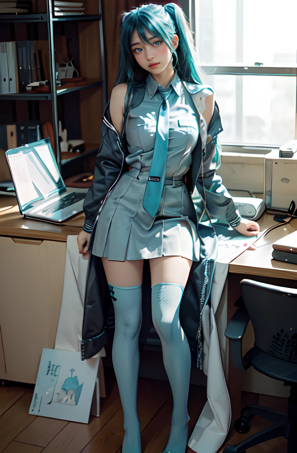 top-quality, Photorealistic, An ultra-fine illustrations, beautiful attractive anime girl, miku hatsune, Slender body, Tied hair, one girls, a photo of girl, Full body shot, Beautiful blue eyes, Turned, in a office、Sitting at your desk、Women's Suits、