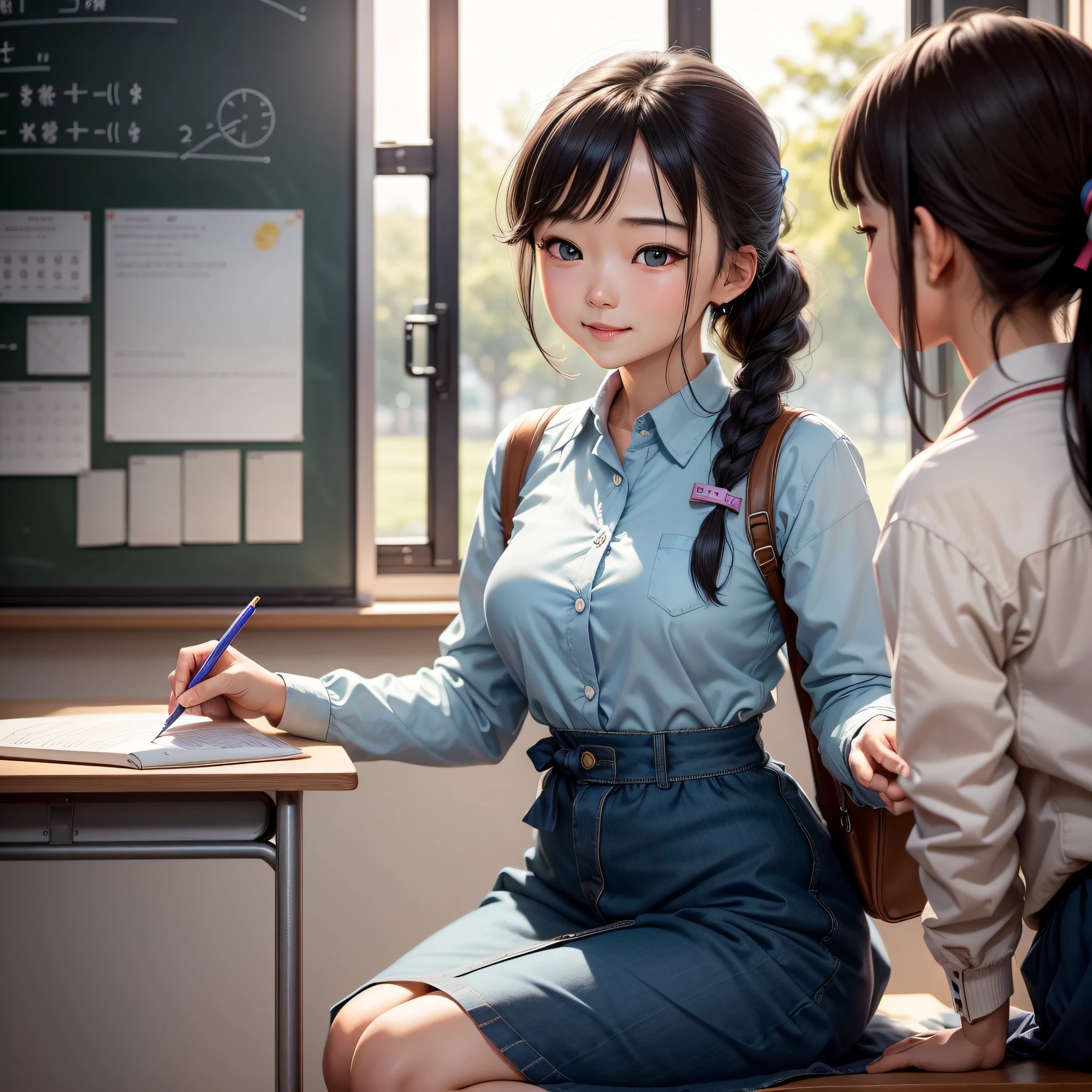Female teacher holding colorful chalk in her hands（pony tail hair、pony tail hair、pony tail hair、(realisitic、hight resolution)、1 girl in、Do-Up Eye、Korean Girl、(Best Quality), (masutepiece), Solo, a beauty girl, Perfect face, (top-quality)、The ultra-detailliert、Highly detailed colorful details、(Bright lighting)、ultra-detailliert、nffsw、Her eyes shine with dark green、）、Smile at students。In the classroom、Wall-mounted whiteboard、At the back of the room、Textbooks with math problems are lined up..。
She starts writing big math problems on the board。Using circles and arrows、Explain equations and graphs。Curious students々Listen to her words at、Raise your hand eagerly to the board、Take notes in a notebook。The teacher answers questions politely、Sometimes I solve problems with my students。She helps make math fun and easy to understand、Provide real-world examples to students、Shows how mathematics relates to everyday life。The atmosphere in the classroom is homey、Students feel at ease。Female teachers are passionate about education.、Teach Students to Love Math。