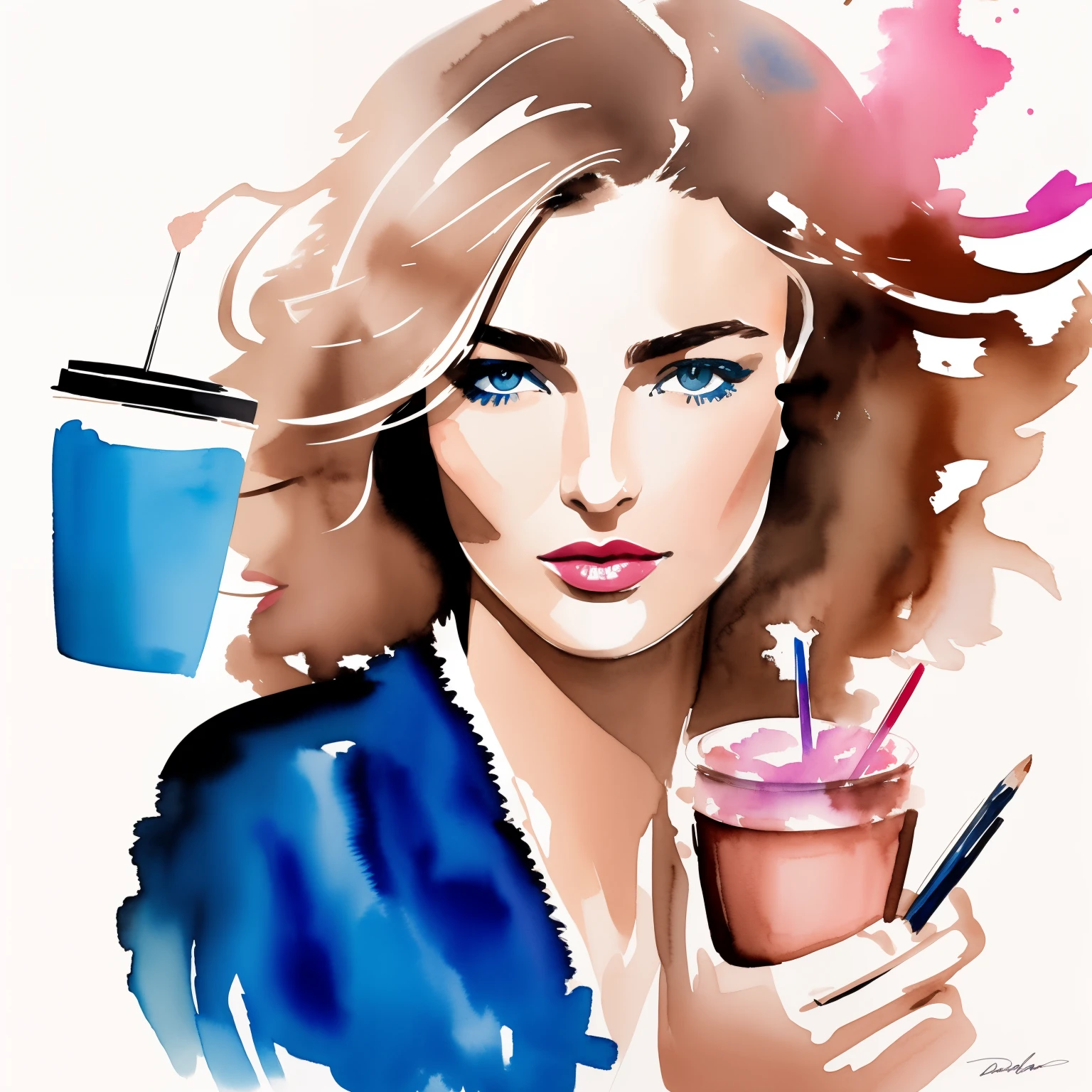 David downton fashion illustration, woman light brown thin hair blonde bob, fluffy cornflower color sweater, andreea diaconu, cute face, blue eyes, pink lipstick, work laptop, cup g, home studio in paris, watercolor art