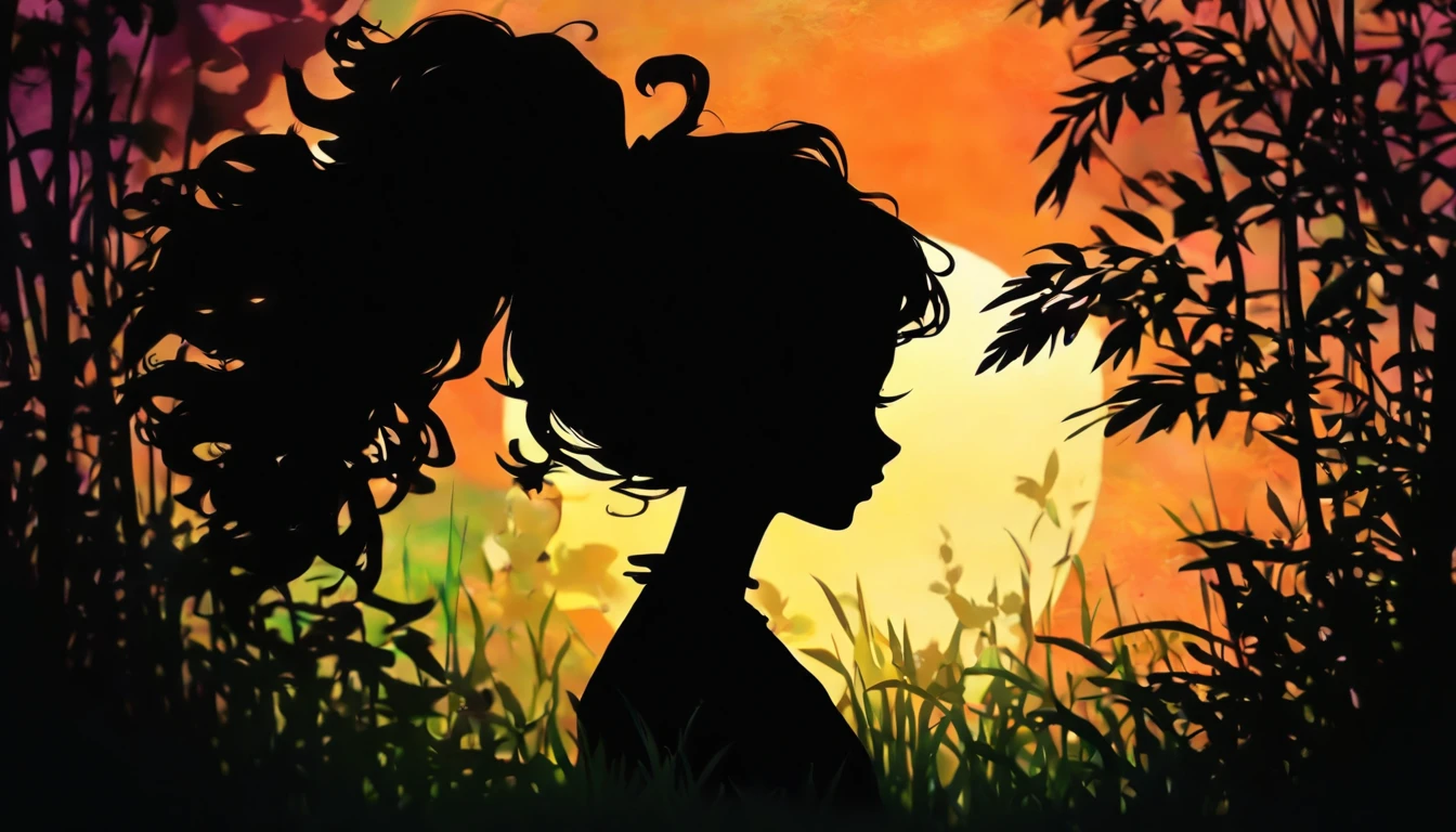 (Silhouette Art,cutouts:1.6)
(((Paper cutting art,A world where only black exists:1.3)

(Cowboy Shot),1 girl,Solo,
(Kimono Girl,profile:1.2),white, Clear and beautiful face,Sunrise behind

break
(morning glow、Viola　green grass:6.1)
Textured glass background,