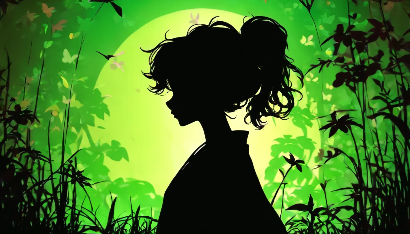 (Silhouette Art,cutouts:1.6)
(((Paper cutting art,A world where only black exists:1.3)

(Cowboy Shot),1 girl,Solo,
(Kimono Girl,profile:1.2),white, Clear and beautiful face,Sunrise behind

break
(morning glow、Viola　green grass:6.1)
Textured glass background,