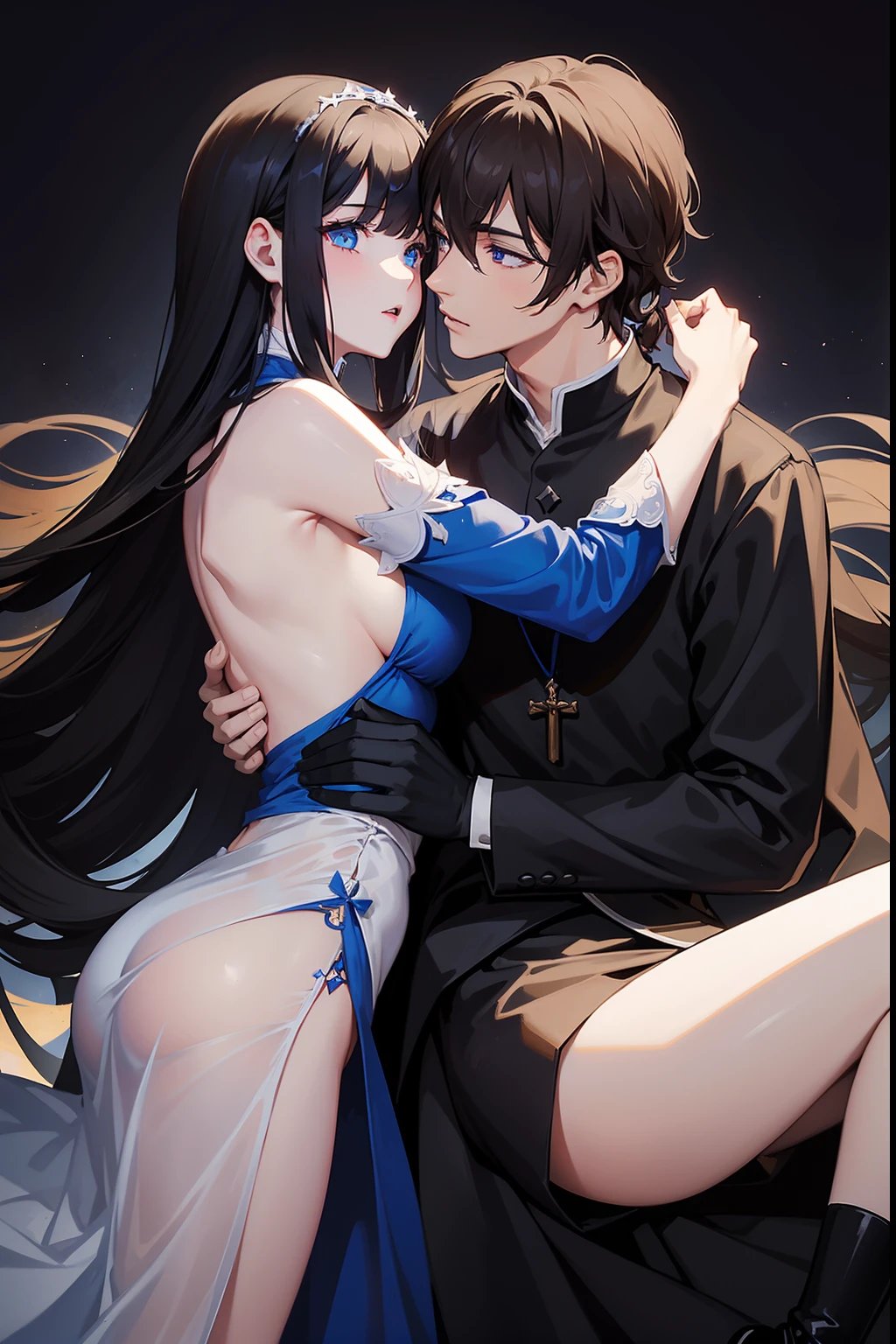 3rd person view, Sexy, medieval village Woman, Long silky black hair, dark blue eyes, pale white skin, sexy skimpy blue dress. handsome priest, Brown hair, Brown eyes, embracing in a deep kiss, 1 man, 1 woman