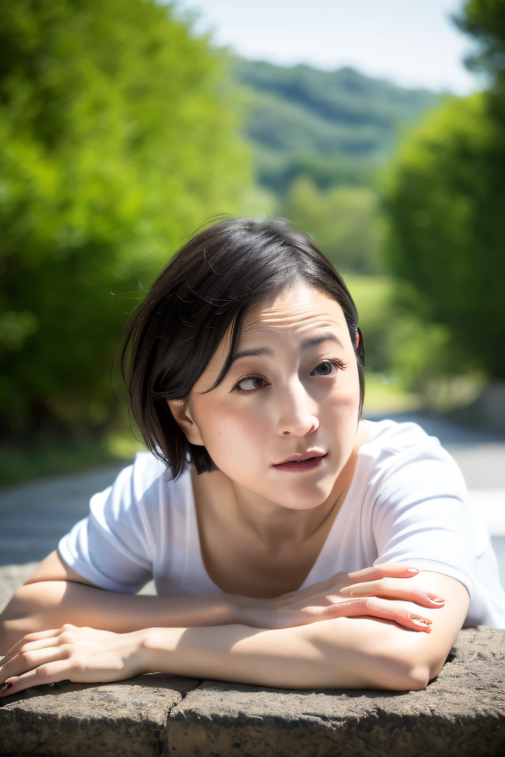 (Best quality, 8k, 32k, Masterpiece, UHD:1.2),Photo of Pretty Japanese woman,black short hair,beauty face,(leaning forward:1.3),squatting,(from above:1.2),(close up:1.4),pov,loose t-shirt,large breasts,(beautiful nipple slip:0.9),outdoors,windy,shiny skin,blurry background,