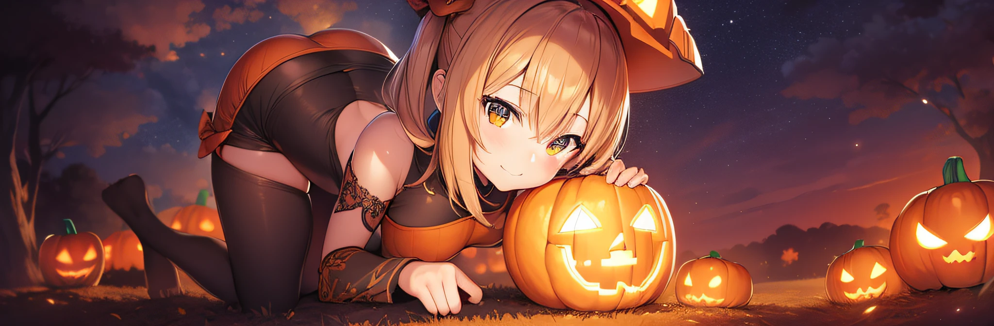 Best Quality, Detailed Digital Anime Art,Illustrations,stunning anime face portrait beautiful detailed eyes,Ultra-detailed,Beautiful detailed glow,8k high quality detailed art,Best Shadow,
1 girl,18 years old,(personification of pumpkin3.0),pumpkin head,jack o lantern,(from below1.5),(super big smile1.5),pale skin,Petite,medium breasts,(vegetable field),hot pants,barefoot,night