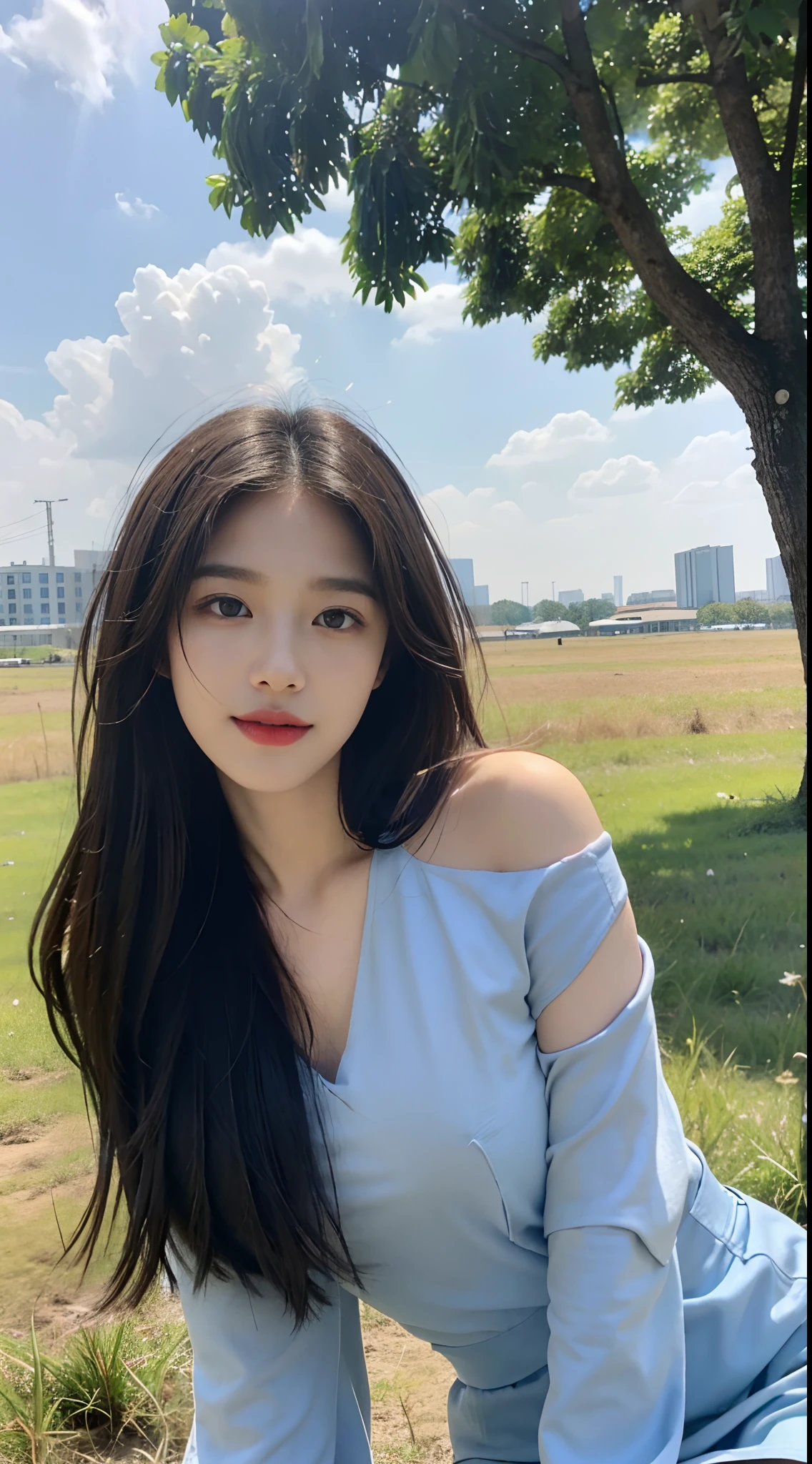 ((Best Quality, 8K, Masterpiece:1.3)), A beautiful girl, pure, melon face, gentle and cute, sweet smile, pure desire, thin figure, (frontal), (tilted head), looking directly at the camera, uniform, obi, formal, black silky long straight hair, long hair flowing over the shoulders, round black big eyes, clear big eyes, moist red lips, sweet, sitting on the side of the road, blue sky and white clouds, grass, buildings,