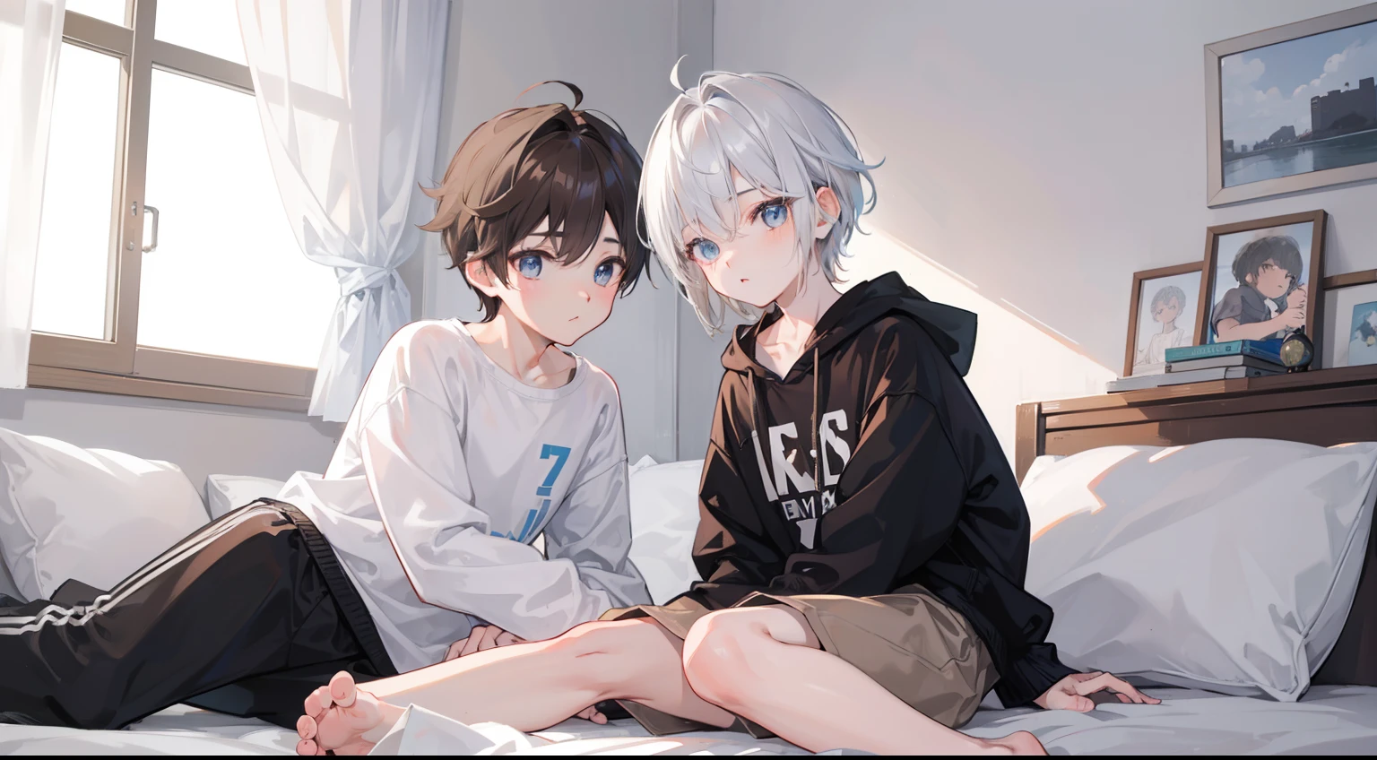 Two Boys, Silver-haired boy and brown-haired boy,Boy's room、natta、Boys Love、Talking、hight resolution、ultra-detailliert