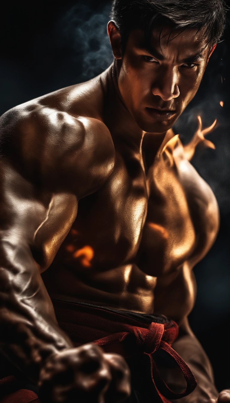 extremely detailed face, muscular body, intense expression, fighter in action, dynamic pose, intense light, sweat dripping, dramatic shadows, dark background, high contrast, powerful punch, martial arts style, martial arts clothing, determination, strength and power, fire effects, energy aura, professional digital illustration, vibrant colors, cinematic feel, masterful brushwork, realistic shading, epic atmosphere. (best quality, HDR, ultra-detailed, realistic: 1.37), (digital art), (portraits), (high contrast), (intense lighting), (strong colors), (dynamic pose), (fire effects), (action).