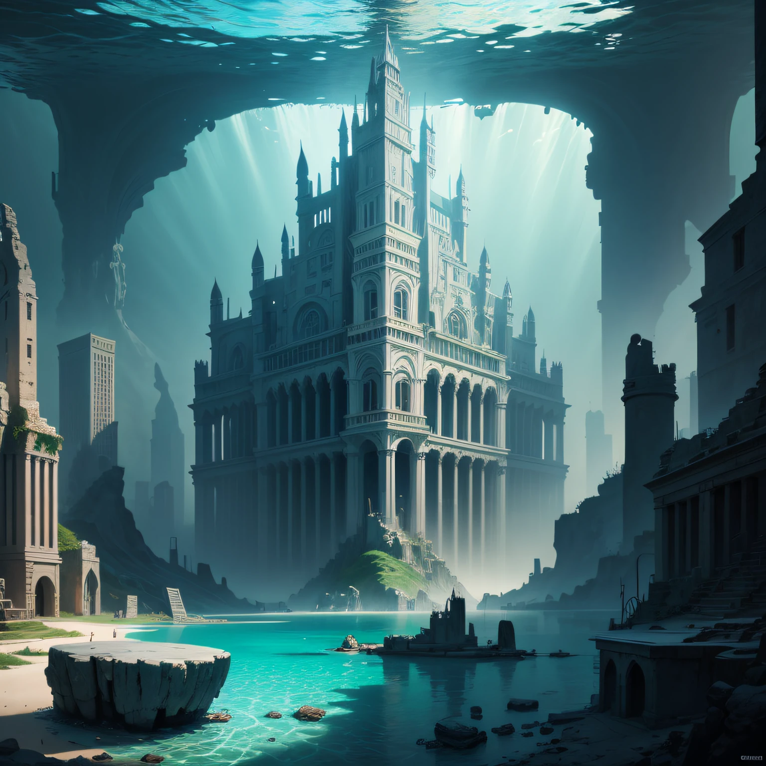 Atlantis: A lost city of great wisdom and power, now drowned beneath the sea, Exhaustive, in the style of Greg Simkins, 8k resolution