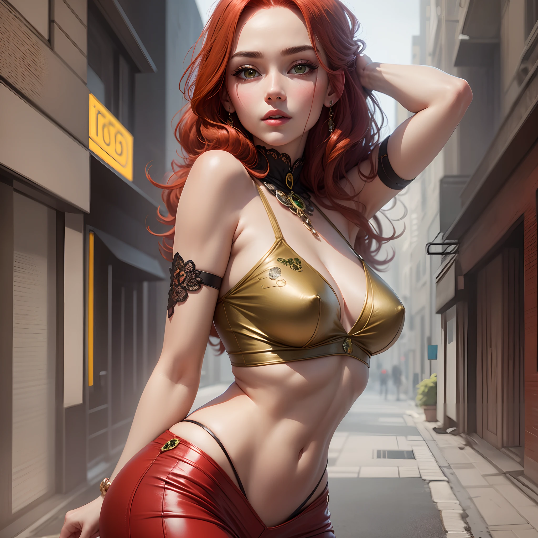 Beautiful woman, red hair, red dress, brown eyes, background is green porsche and pump, high detail of face, 8k --auto --s2