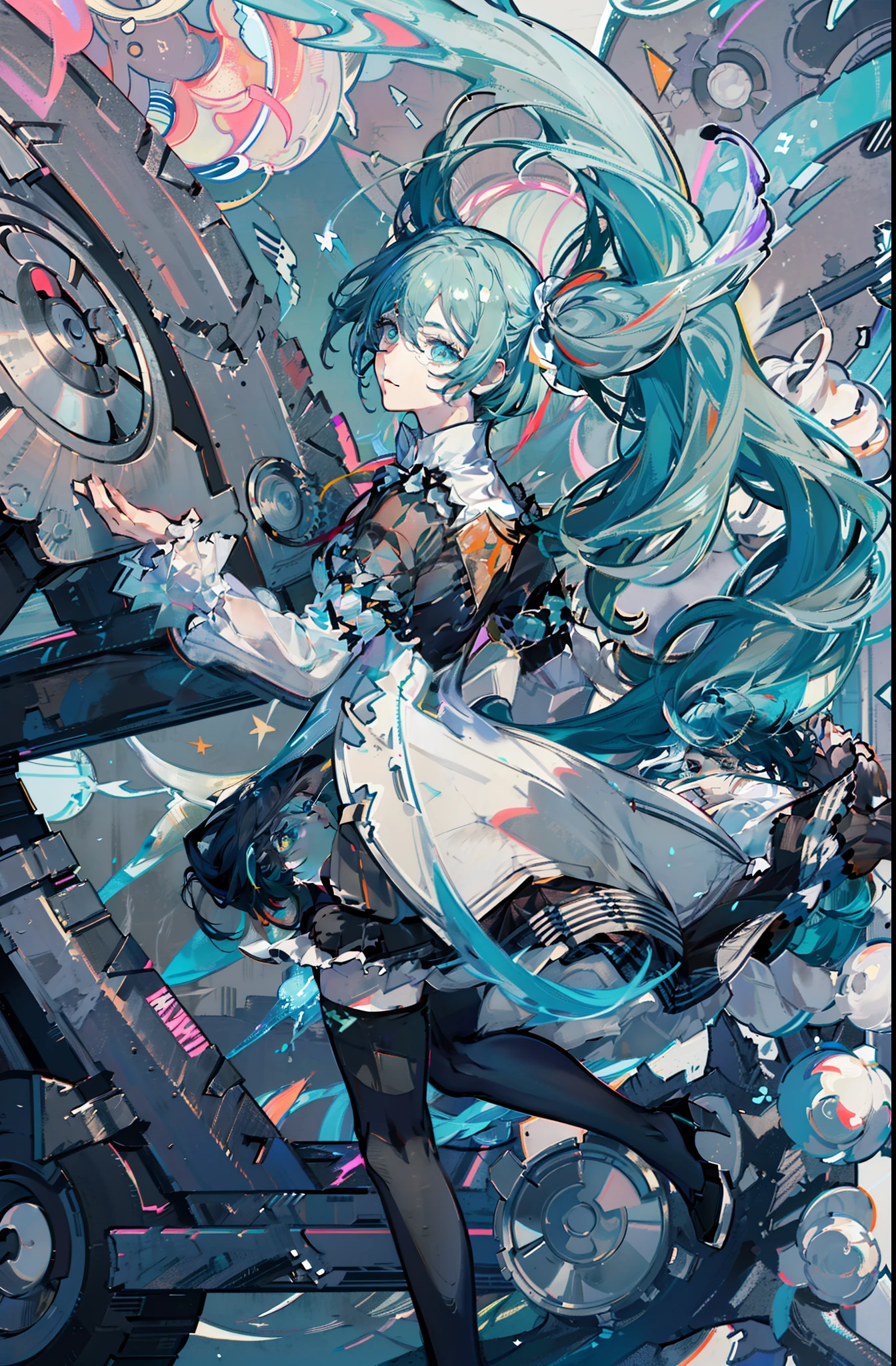 miku hatsune(Top image quality),(The work of the master),(ultra-detailliert),(Detailed depiction of the eyes:1.0),(lensflare:1.0),(Cinematic poster:1.0),(Tarot Border:1.0),Character Center,(a closeup:1.0),(negative space:0.8),(negative space:1.6),(独奏),(a colorful{the wind|water magic|inky|crystalline|icy|firey|loimu|Lightning|netting|boulders|Grit|Particle|brilliance|Bloods}:1.0),(Many colorful{Soap bubbles|clouds|thorn|spikes|vine|electric current|spirals|The halo|cube|octahedron}:1.0),(Planktonic{reddish|verdant|Green grass|Eau|Viola|yellow|A black|blanche|greys|pink there|an orange|lime} {bow ribbon|Particle|edg|The drops|Snowflake|softball}:1.0),({crystalline|icy|firey|loimu|the wind|Eau|planet earth|stony|spaces|musical|sonic|swirls} {Magic}:1.0), ({Ray traching,Glowering|Mottled sunbeams,llight rays,Caustics|mistic,eery|Carefree,pastels}:1.2), ({Colorful|Irridescent color|multi colored}:1.0),(beautiful detailed brilliance:1.0),({Slouched|back-view|tilted to the side|}:1.2),{ (A smile:1.0)|(a smirk:1.0)|(grim facial expression:1.0)},({Has a small|Has a small||s lips、Eye lashes}:1.0),{grinning evily|:1.2},({Eyelashes|eyeshadows||}),{Close one eye|||},({Red|Green|Blue|aqua|Purple|yellow|Black|white|greys|orange|lime} hair:1.4 ),({Short|long} ),({frombelow|From above|From Side|from the rear|front viewer}:1.3),(aureola:1.3),(tilt of the head:1.0),(dynamicposes:1.1),(Asymmetrical hair:1.2),({reddish|verdant|Green grass|Eau|Viola|yellow|A black|blanche|greys|pink there|an orange|lime} {|doress|outfits}:1.0),({Formal|Military|tech wear|Urban style|casual,dressed casually|Fantasy,magician|Sauvage,tribal|scientific fiction,Futuristic,Watches,time,}),({plaid skirts|layered skirts|Puffy dress|tights|trouser|shortpants}),({reddish|verdant|Green grass|Eau|Viola|yellow|A black|blanche|greys|pink there|an orange|lime} {The eye|The eye|collofull eyes}:1.4),{(brow:1.5),asymmetrical bangs|oblique bangs|hair between eye|bluntbangs|swept bangs},{Blindfold|Twin-tailed|||