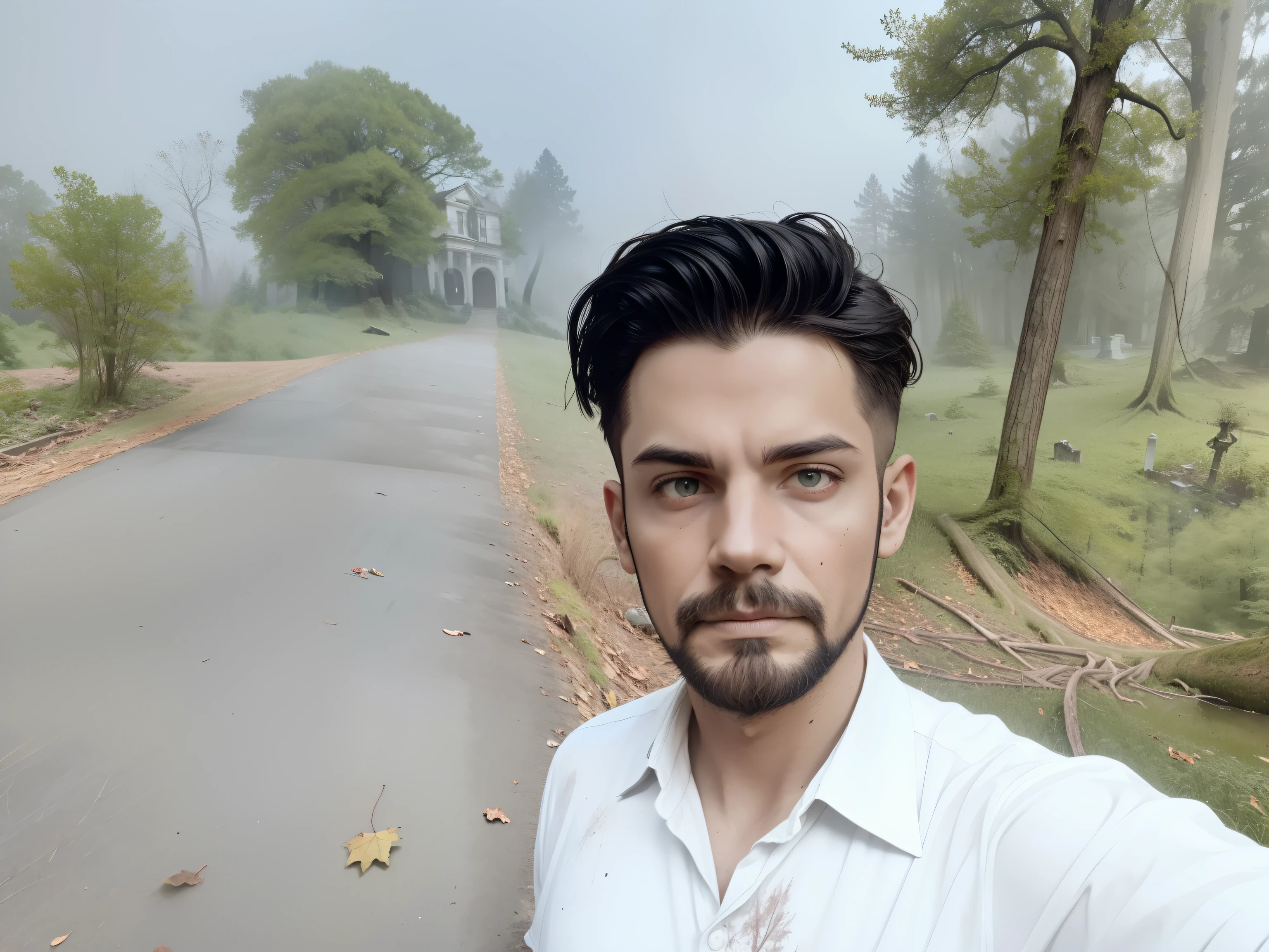((Abandoned haunted mansion)), on a hill surrounded by dark spooky dense forest, many gnarled dead trees grass and bushes, forest debris and leaf litter, eerie mist, winding path near a pond, one grave headstone in foreground