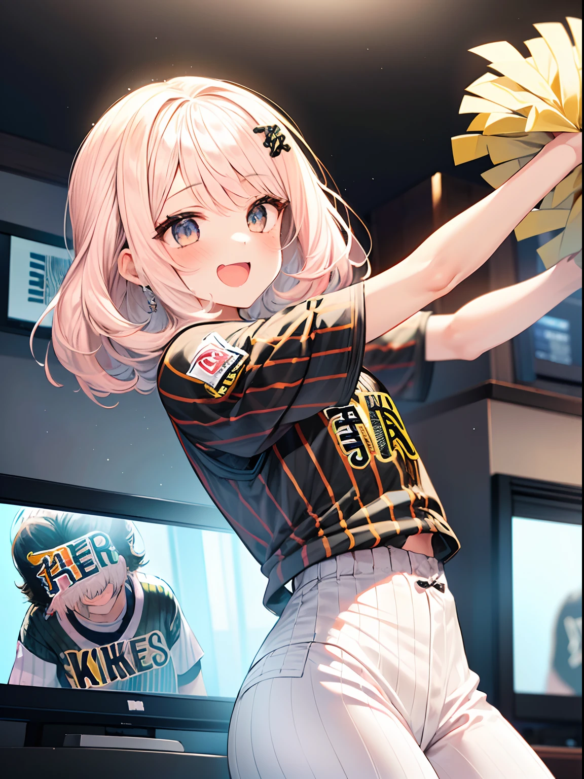 best quality, masterpiece, absurdres, highres, (1girl:1.6), (short shaggy perm hair:1.6), (light pink hair:1.5), (wearing the black vertical striped shirt:1.5), (flower effects:1.2), (cowboy shot:1.4), break (In front of a TV at home,:1.4) BREAK (a girl is enthusiastically cheering for the Hanshin Tigers:1.6). Her eyes are fixed on the screen, filled with excitement and tension. BREAK The room feels as if it's filled with the heat of the game.