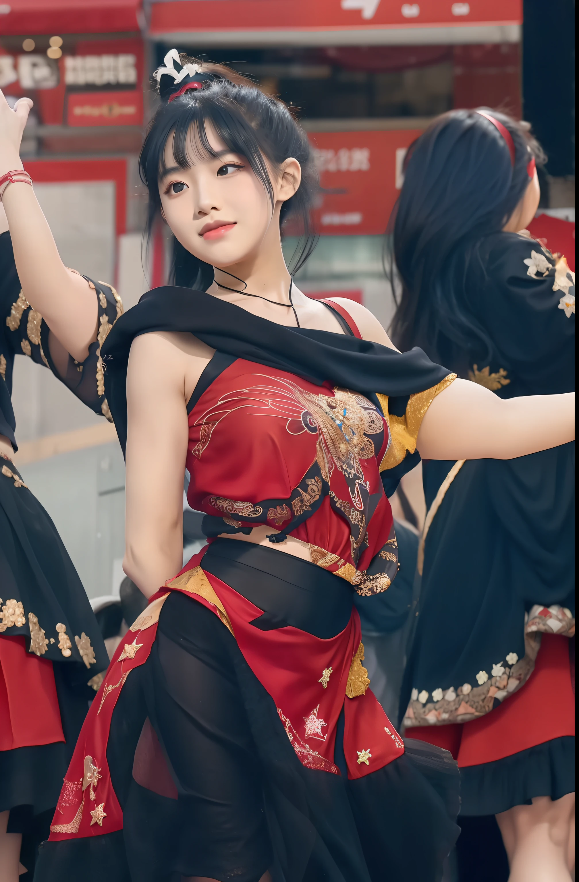 a dancer who is very much idolized, wearing a red dress with black hair