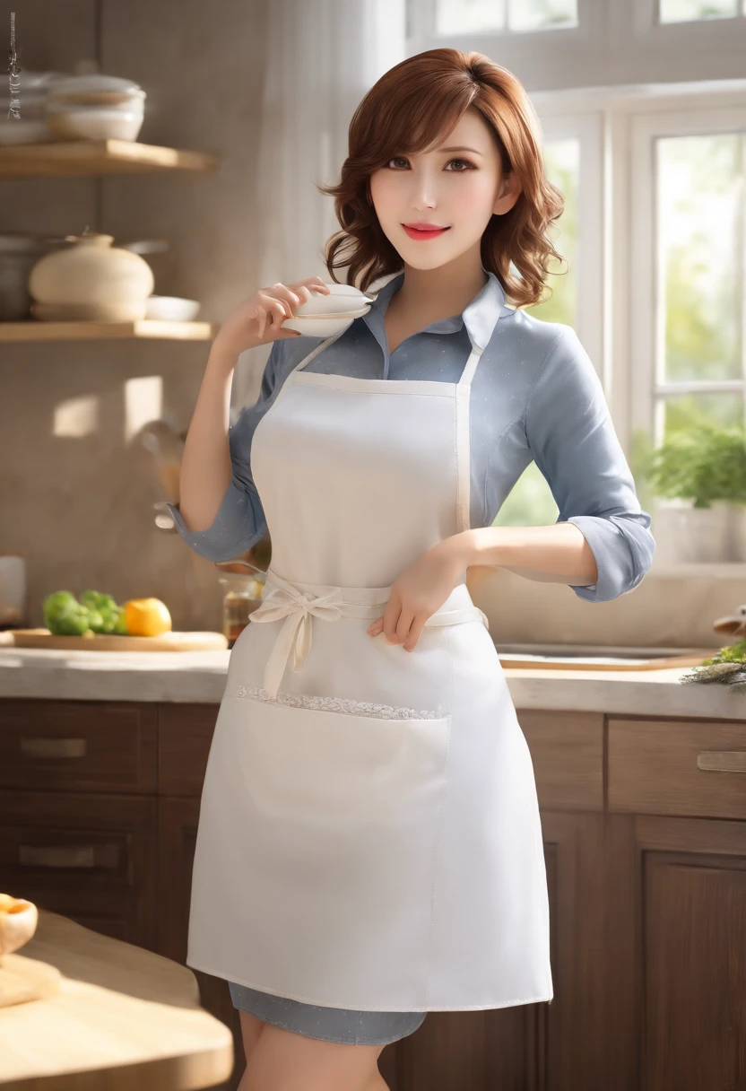 40 year old woman, Beautiful expression, A detailed eye, 二重まぶた, Detailed lips, lightsmile, (((Huge breasts))), (((White breastplate apron))), Short brunette hair, thighs thighs thighs thighs, Standing, (Photorealsitic:1.4), (Top image quality:1.0), (超A high resolution:1.0), 8K, Raw photography, (masterpiece), Background with; ((kitchin))