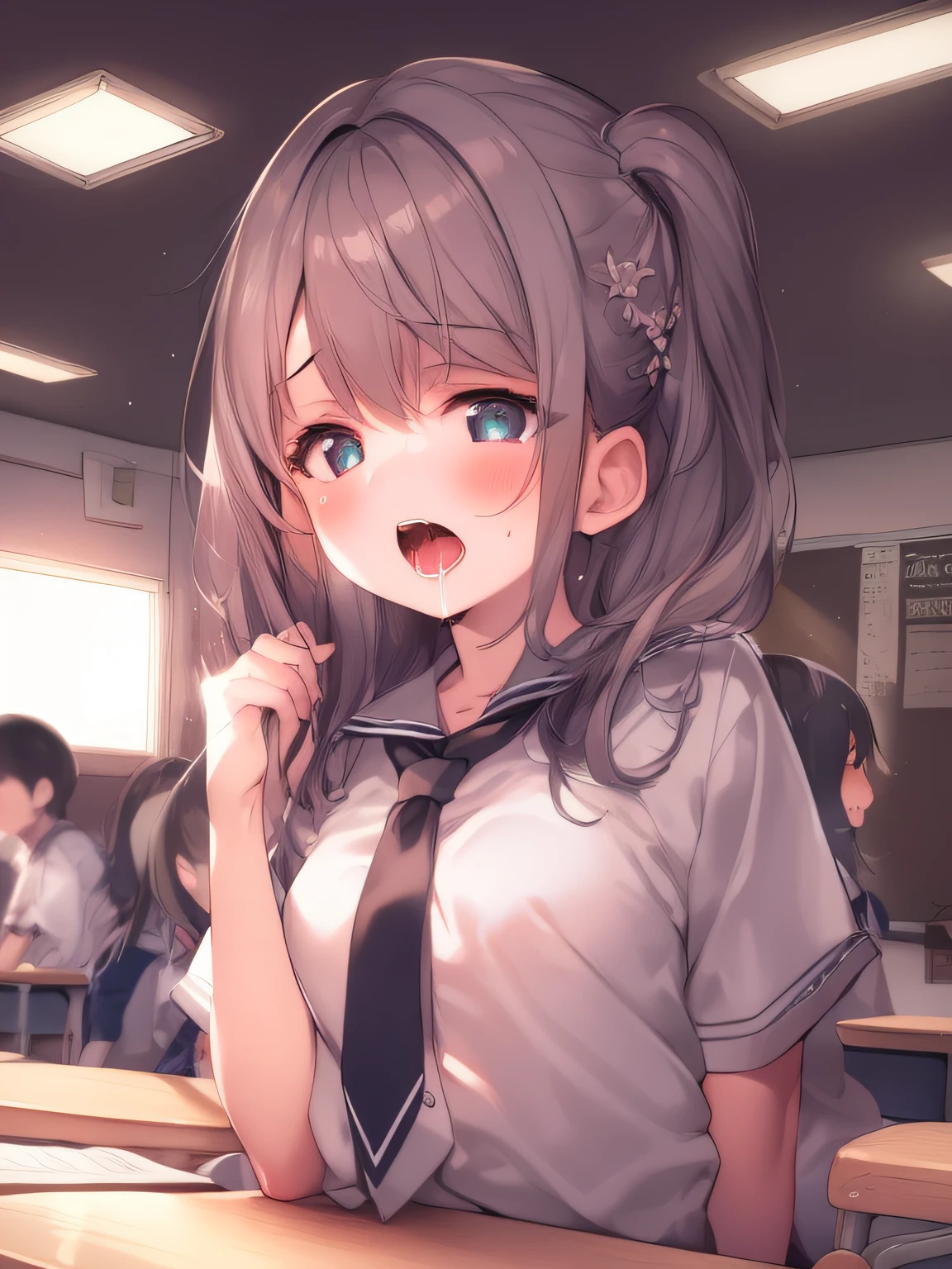 NSFW,Best Quality,Illustrations,Beautiful detailed eyes,Ultra-detailed,Beautiful detailed glow,4K,Best Shadow,(on back),loli,little girl,open mouth,salive,man,penis,deepthroat,School Classroom,