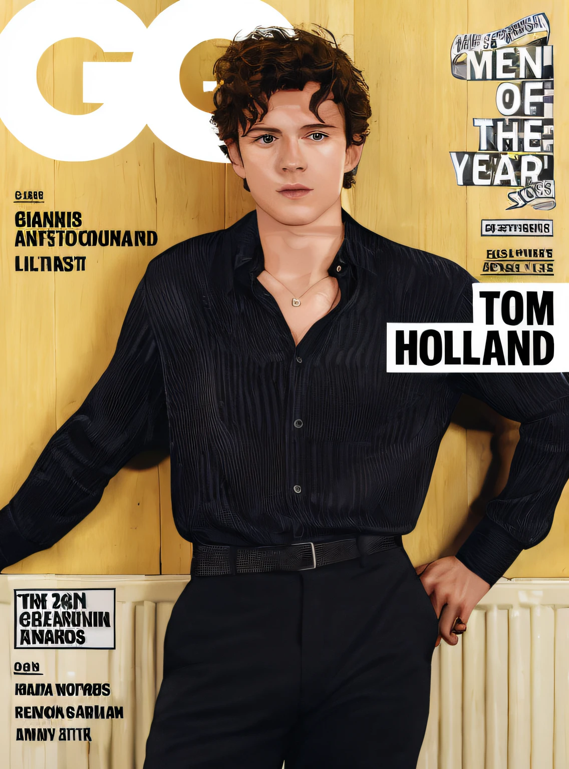 arafed image of a man in a black shirt and pants on a magazine cover, gq magazine, tom holland, gq magazine cover, gq cover : :, for gq, portrait of tom holland, gq, cover shot vector style