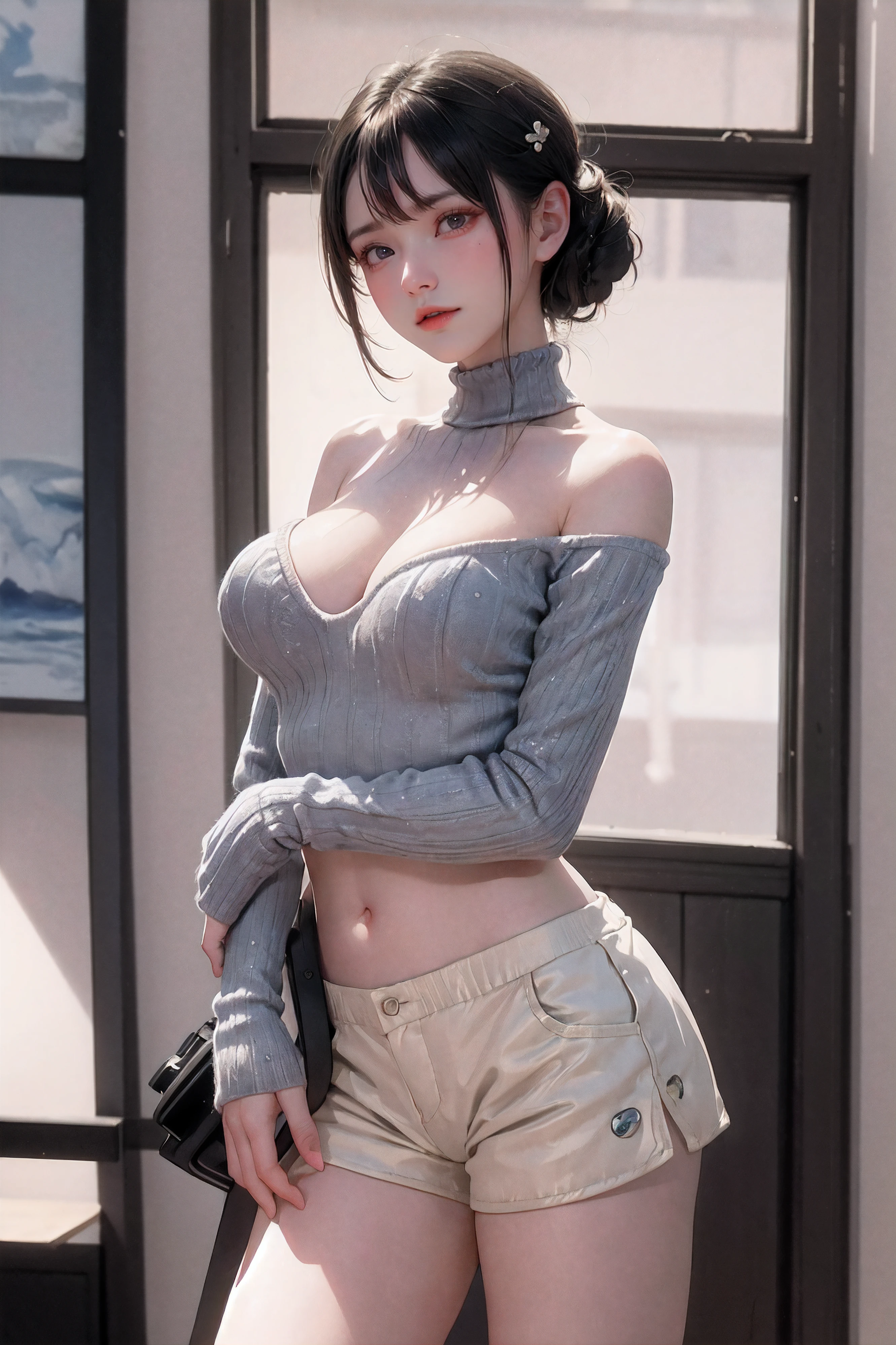 side boobs,(masterpiece), best quality, extremely detailed, (watercolor), bloom, delicate and beautiful, illustration, (from below),(1girl:1.4), (solo:1.2), large breasts, (ribbed sweater:1.3), off-shoulder sweater, (short shorts:1.2), bare shoulders, (underboob), ((dark skin:0.8)), beautiful eyes, (disheveled hair ), photography, over-the-shoulder shot, by Alex Maleev, professional, canon camera, nikon camera, sharp, bokeh, studio quality, fisheye lens, by Robert Capa ,SLR camera